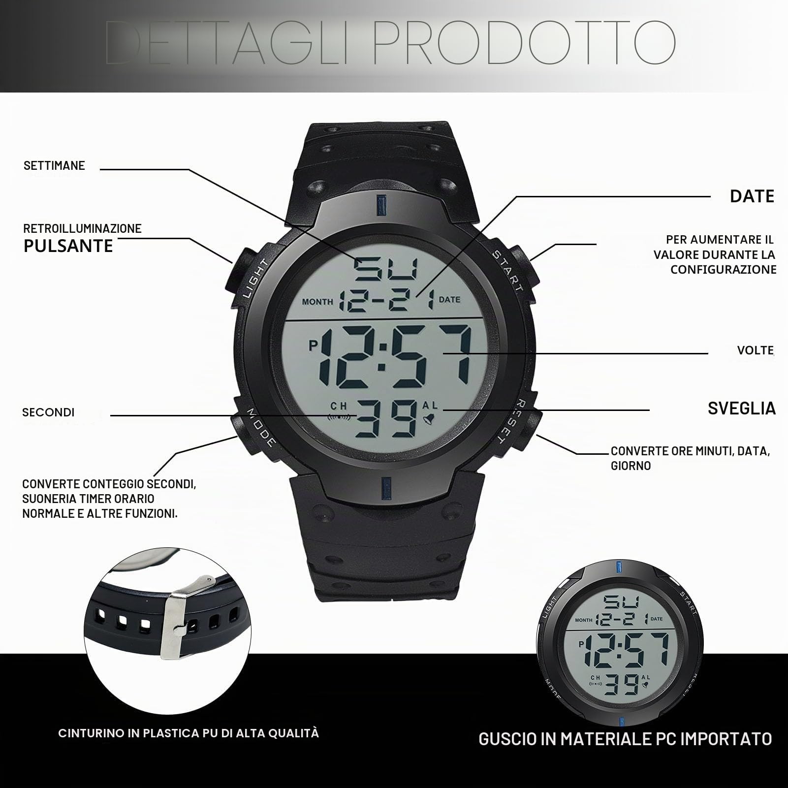 Orologio digitale da arbitro, impermeabile, cronometro, per partite sportive, ufficiale, per allenatori, orologio da polso militare con quadrante grande, retroilluminazione a LED, per corsa e