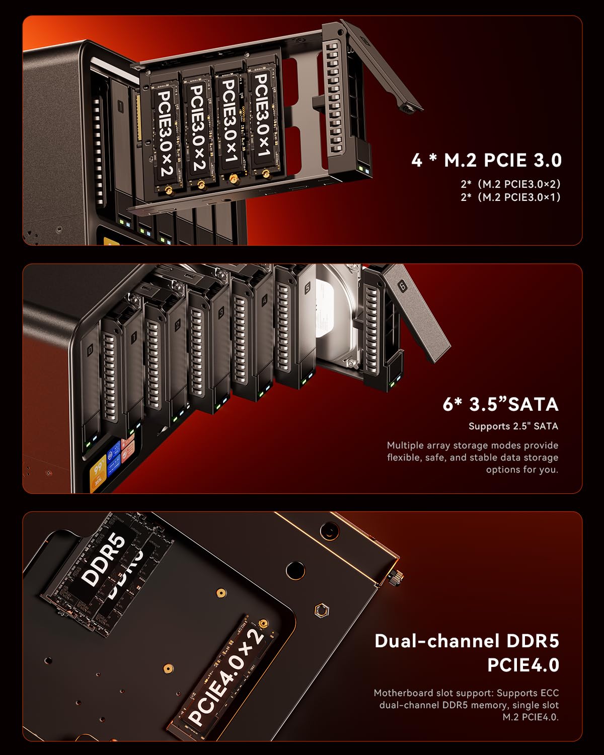 AOOSTAR WTR MAX 11 Bay Desktop NAS Mini PC, NAS Server Ryzen 7 PRO 8845HS Kein RAM Keine SSD, 6*2.5"/3.5" SATA HDD, 5*M.2 NVMe-Steckplätze, 2*10GbE, 2*2.5GbE, OCuLink, 4K HDMI,Network Attached Storage
