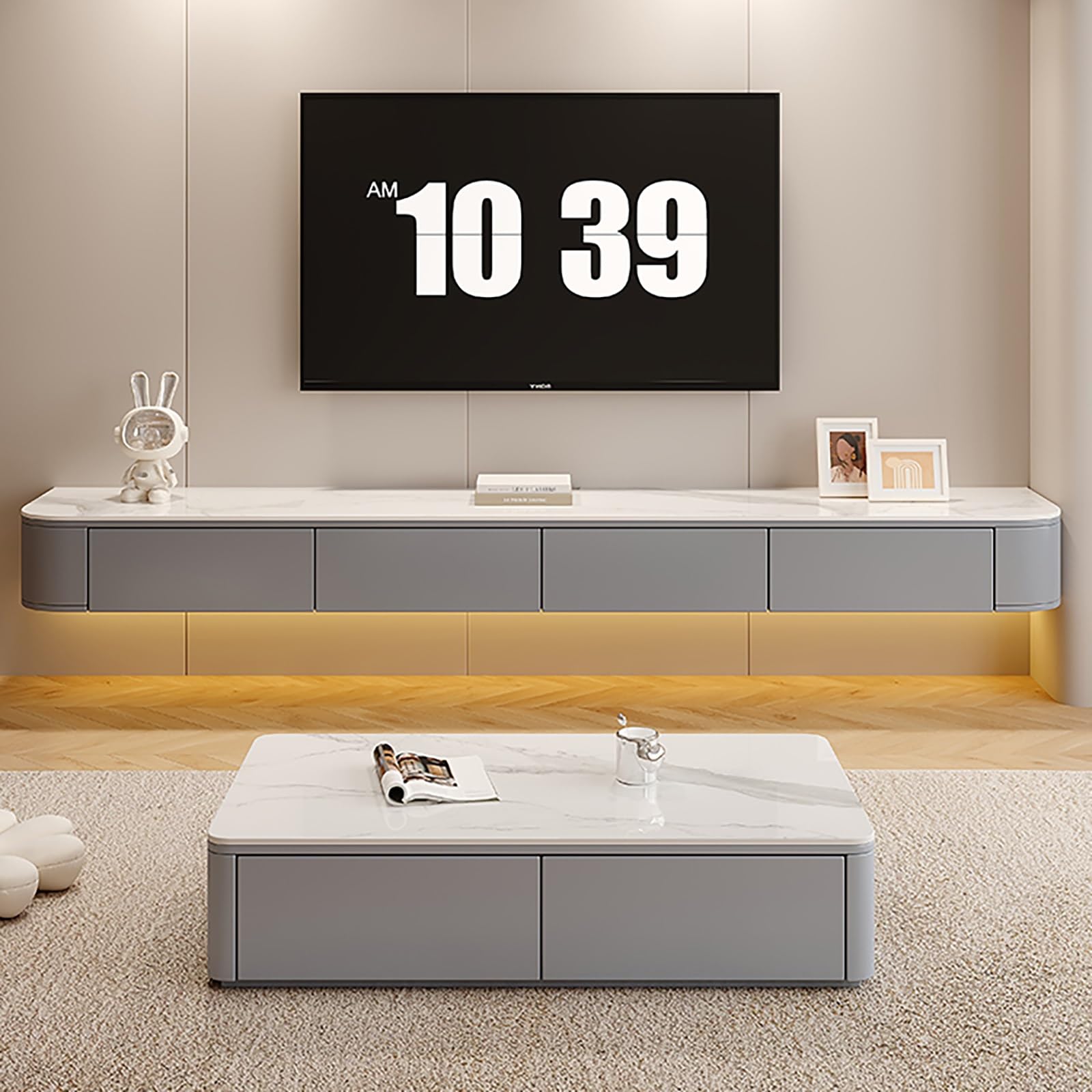 Mobile Porta TV, Mobile TV Sospeso A Parete, Console Multimediale In Legno Con Ante A Ribalta E Cassetti Per Lettore DVD, Decoder, Console Per Videogiochi(Gray,140x24x20cm)