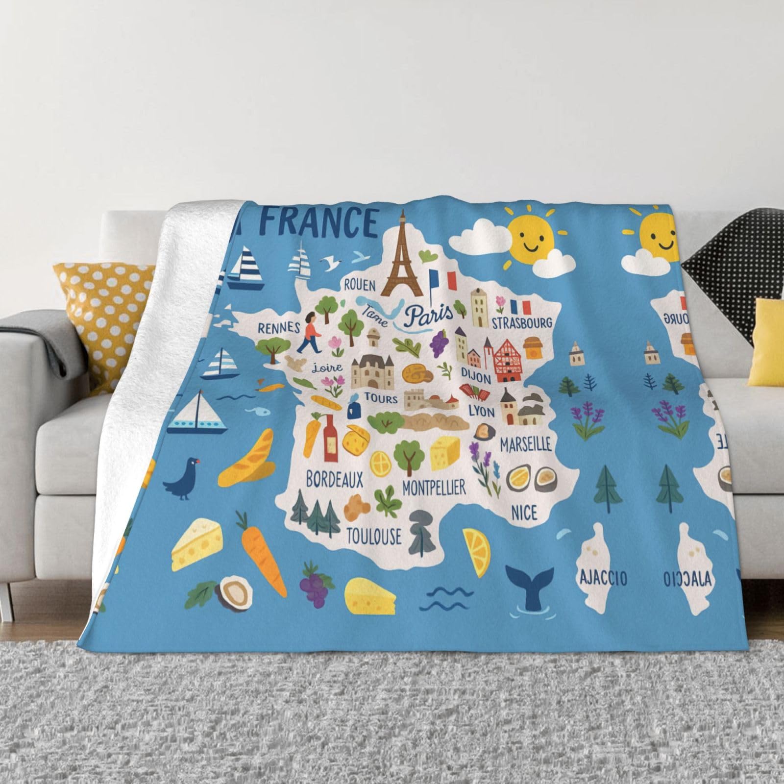 FHIZOAL France Map With Icons Decorat Ultra-Soft Micro Fleece Blanket Flannel Blanket Cozy Warm Couch Bed Living Room Bedroom Decor