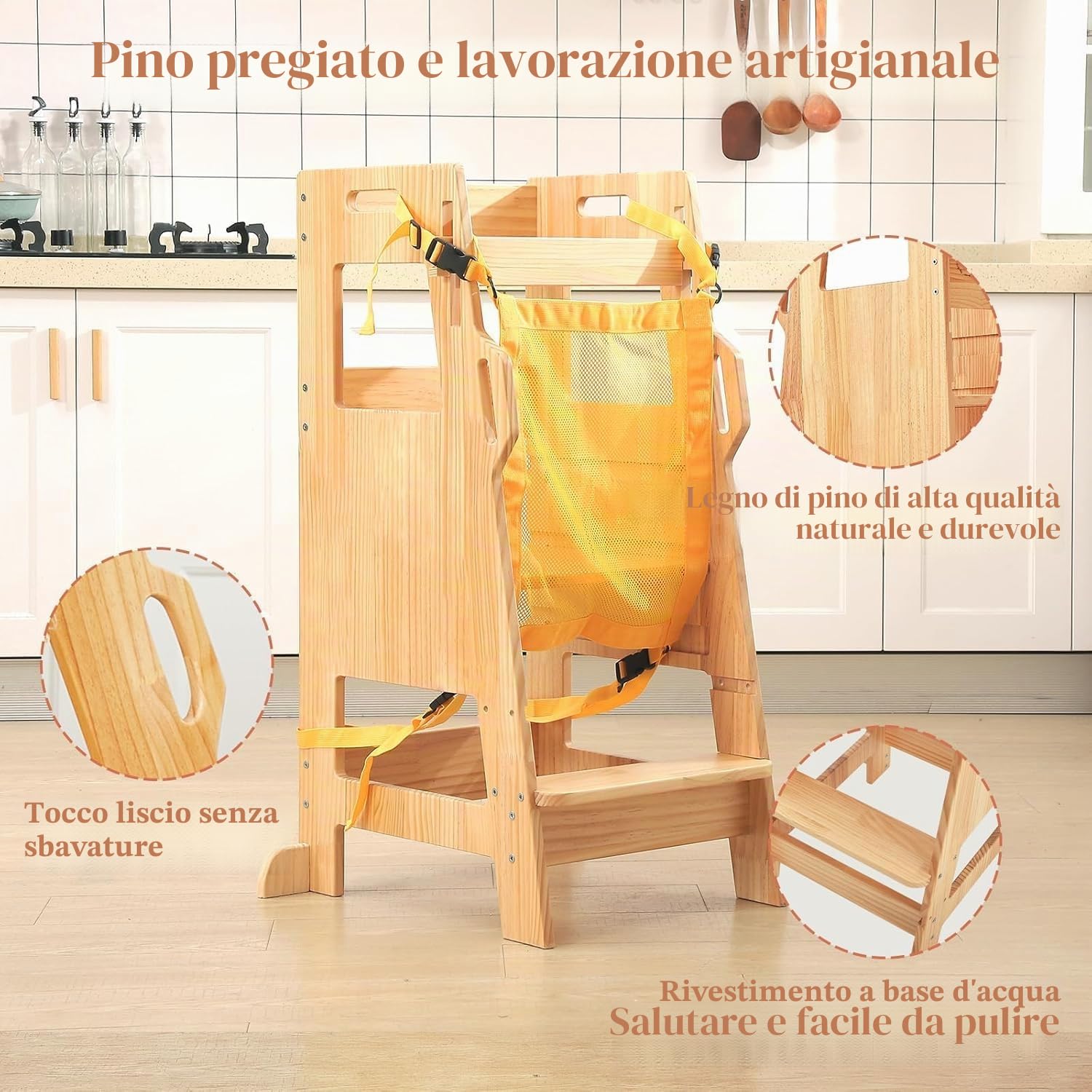 FUNLIO Torre Montessoriana Bambini con Rete Sicurezza, Regolabile 3 Livelli, Torre di Apprendimento
