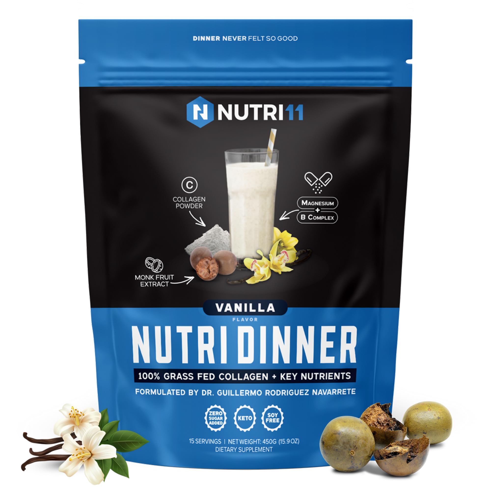 NutriDinner by Nutrillermo | Grass-Fed Collagen Protein Powder | Collagen with Magnesium B-Vitamins | Collagen Supplement for Sleep and Recovery (14,9, Vanilla)
