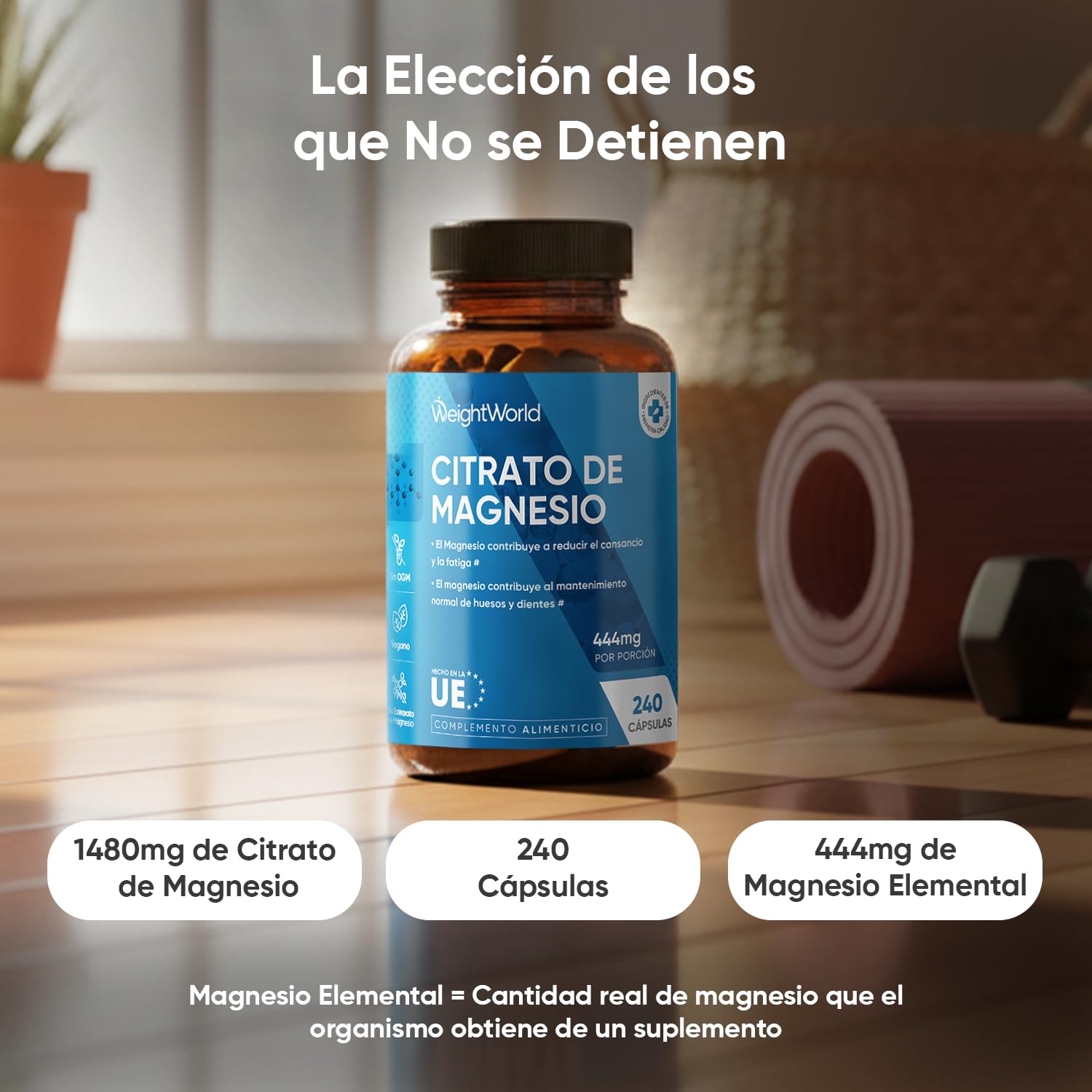 Citrato de Magnesio 240 Cápsulas Veganas - 444mg de Magnesio Puro provenientes de 1480mg del Citrato, Para 4 Meses, Contribuye a la Reducción del Cansancio y la Fatiga (EFSA), Sin Gluten ni OGM