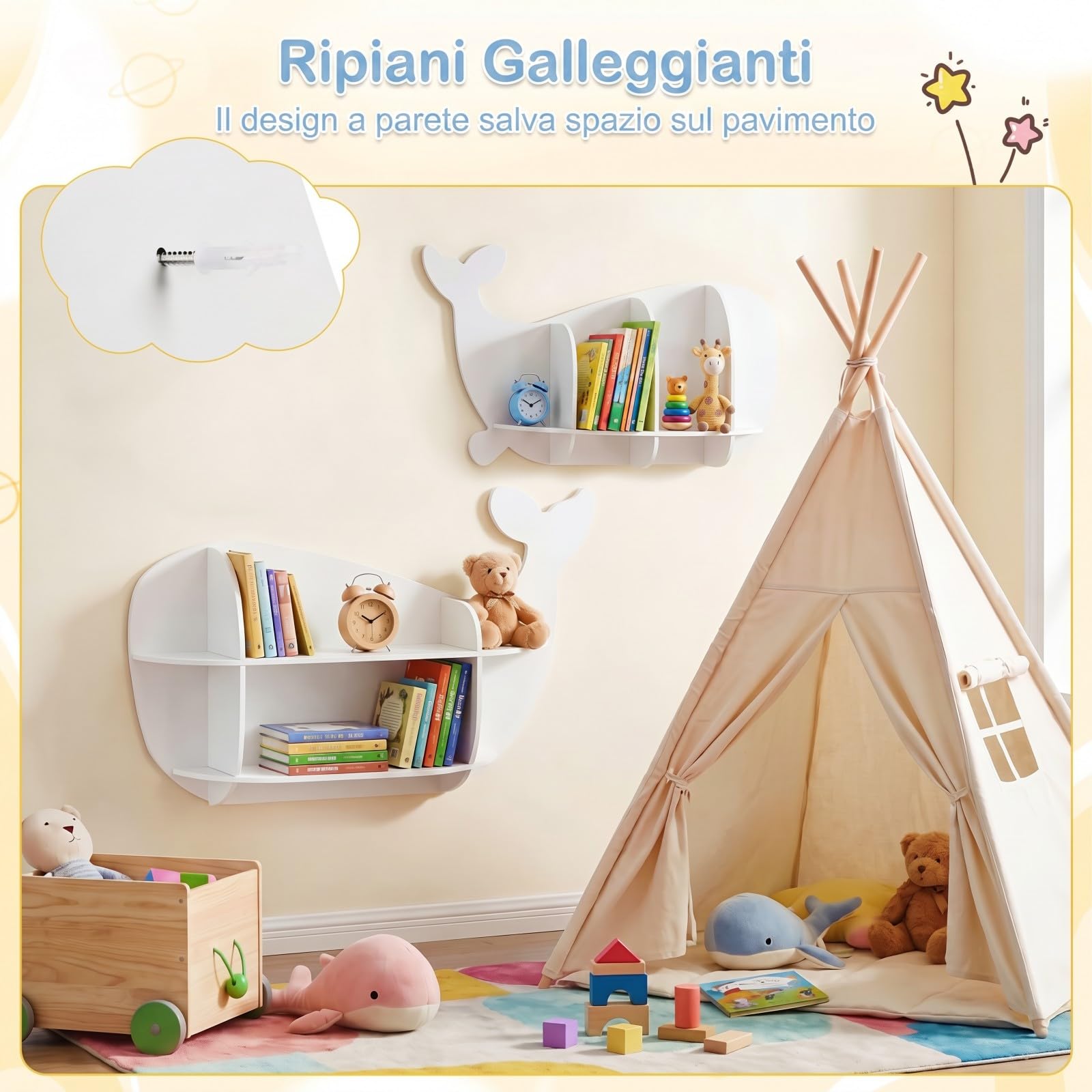 COSTWAY Set di 2 Mensole da Muro per Bambini a Forma di Balena in Legno | Libreria da Parete con Scomparti, Antiribaltamento e Bordo Protettivo, Decorazione per Cameretta, Soggiorno e Sala Giochi