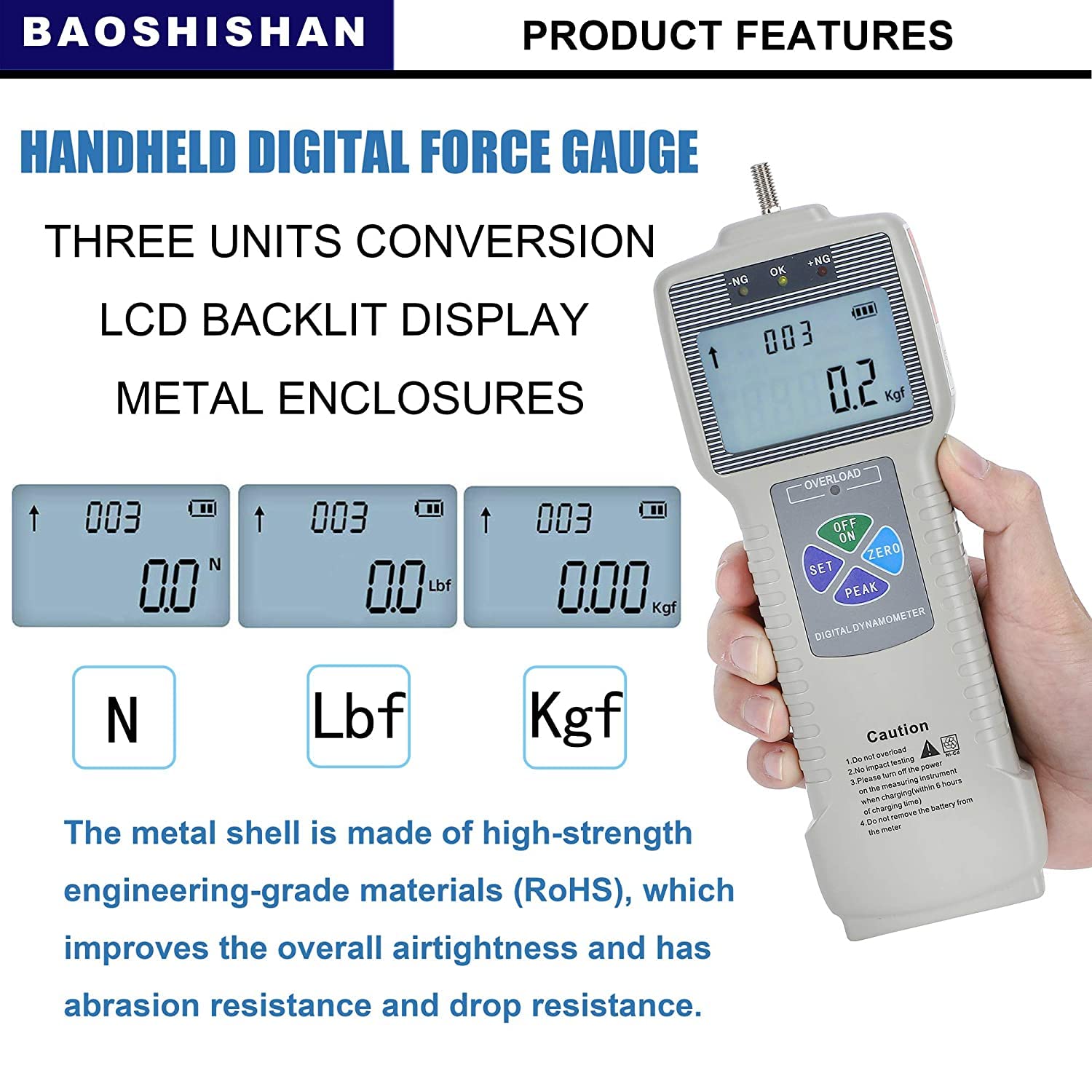 BAOSHISHAN Digitaler Kraftmesser Push-Pull-Messgerät-Tester mit USB-RS232-Schnittstelle LCD-Kraftmess-Schubmesser ZP (1000N mit Kunststoffgehäuse)