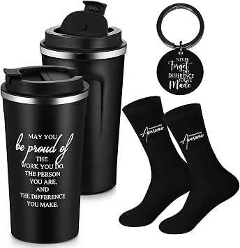 Roshtia 3 Sets Thank You Gift for Men Fathers Day Appreciation Gift Set for Male Teacher Coworker Staff Volunteer 17 oz Stainless Steel Tumbler Socks Inspirational Keychain