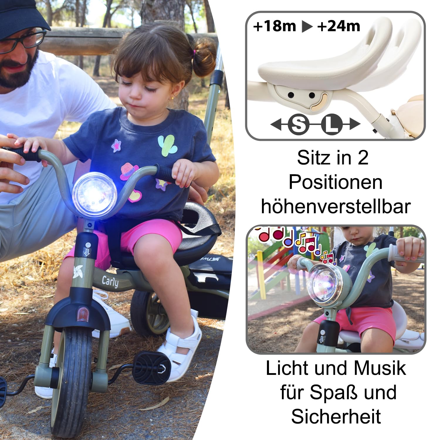 Twinly Evolutionäres Baby-Dreirad, faltbar, für Kinder von 1-5 Jahren, leicht und kompakt, Lenker mit Licht und Sound, Korb und verstellbarer Schiebestange Carly (Minze)
