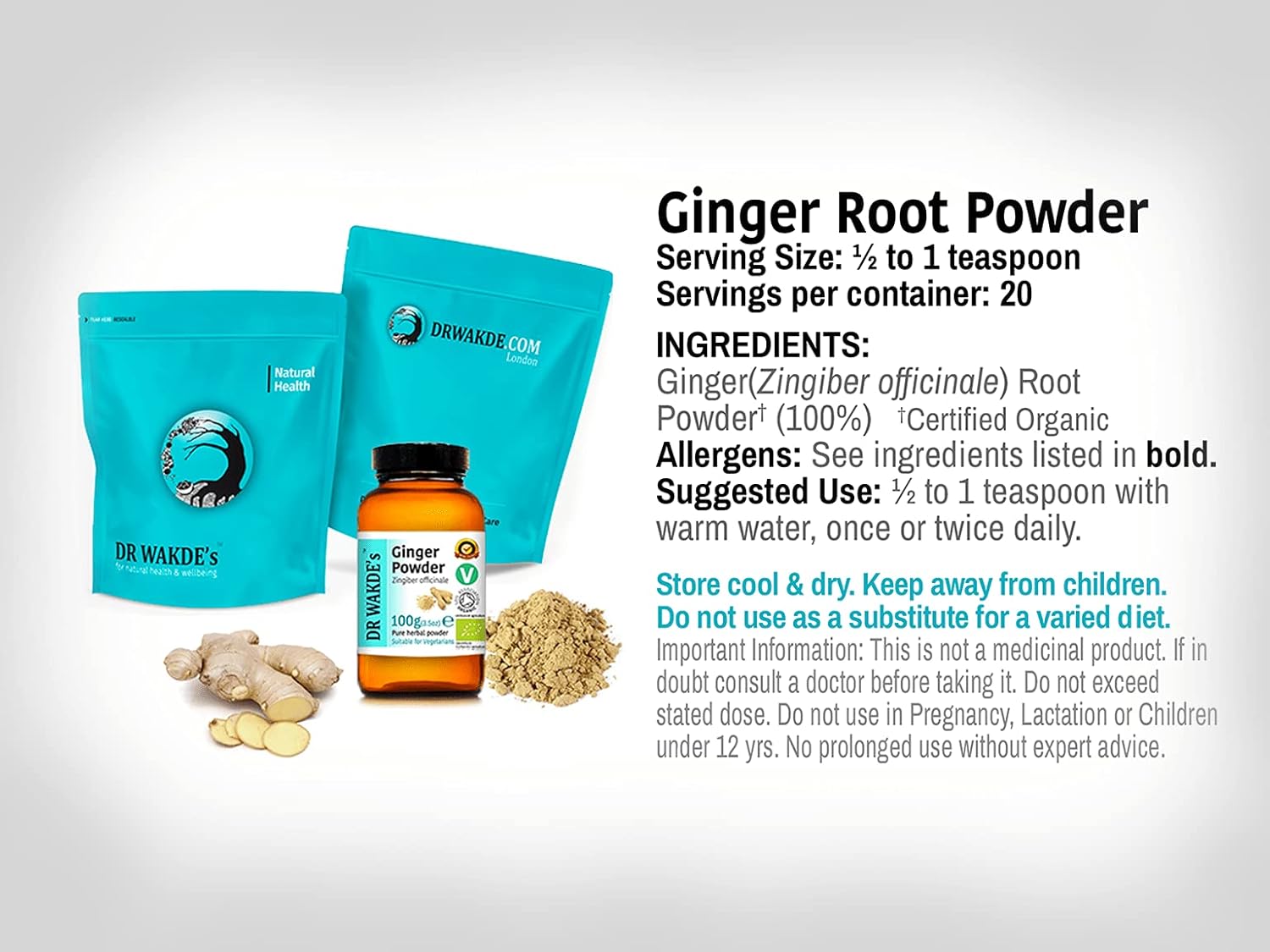 DR WAKDE's Organic Ginger Powder - 1Kg (2.2lb) | Pure, Raw & Dried Powder | Ayurvedic Herb | Vegan | Nothing Added, Nothing Removed | Same Day Dispatch