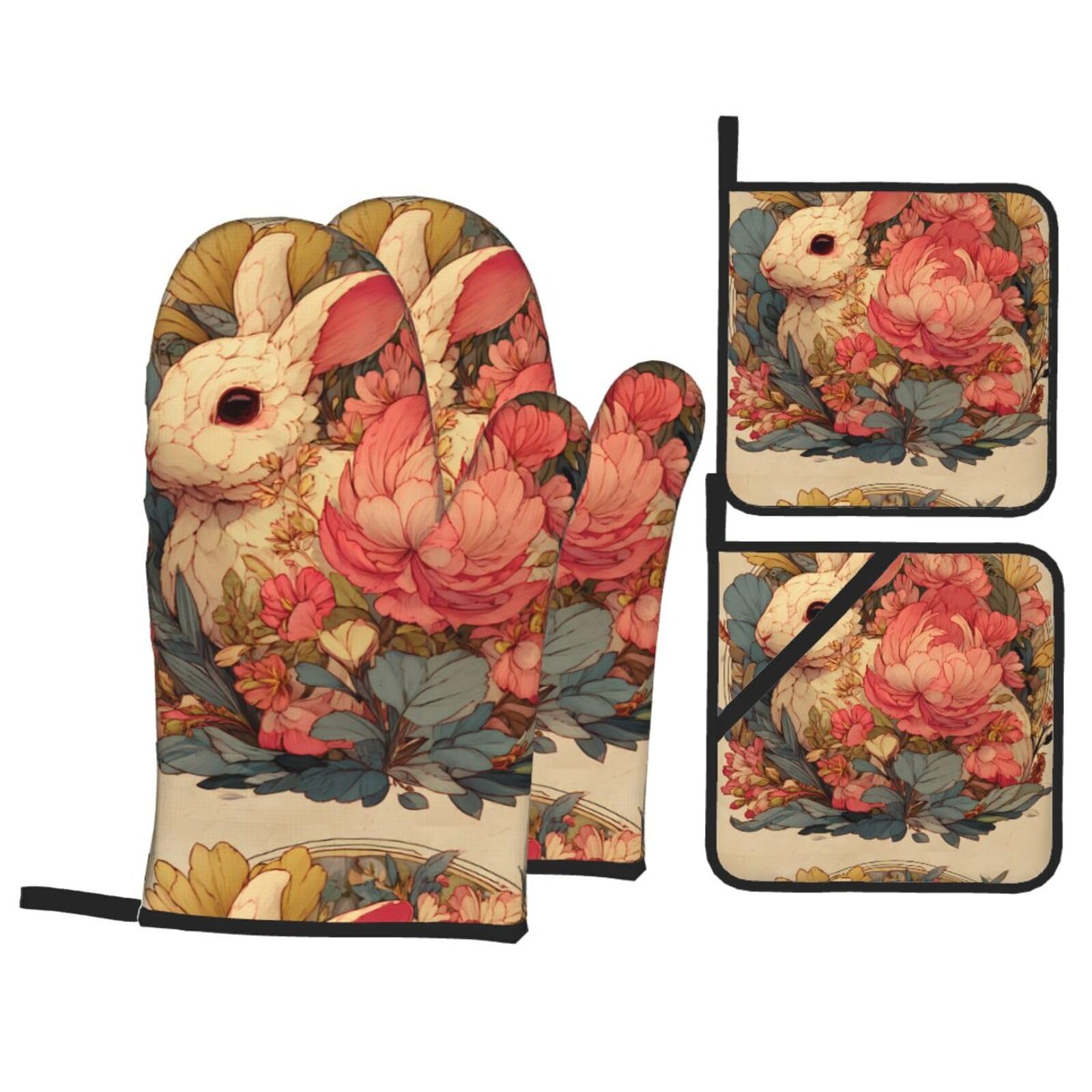 Kitchen Baking Four-Piece Set WHJSSF Flower Rabbit Pattern Heat-Insulating and scalding-Proof for Kitchen Baking and Outdoor Barbecue