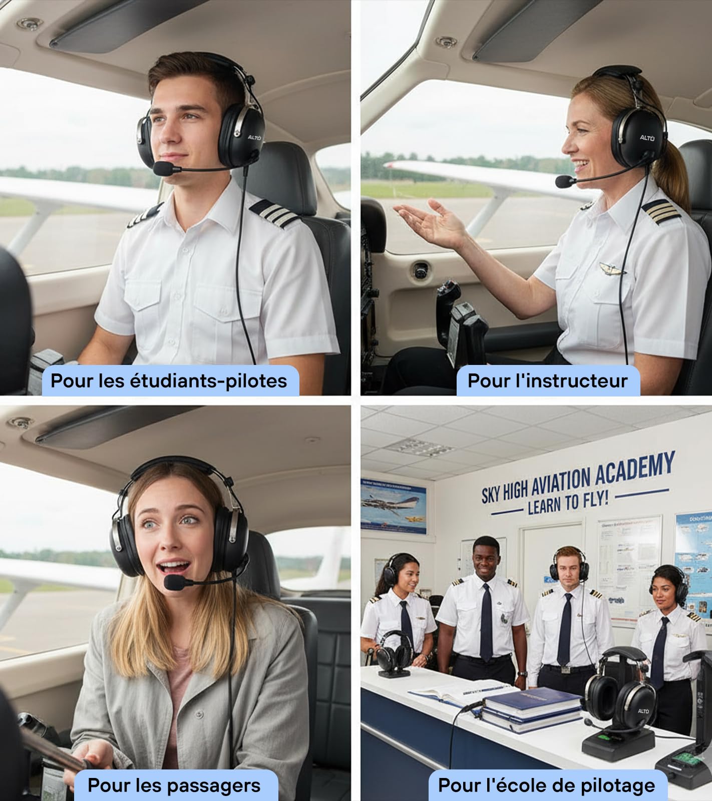 Alto - Casque de Pilote Aviation Générale – Micro Anti-Bruit, Léger, Résistant, avec Étui de Transport