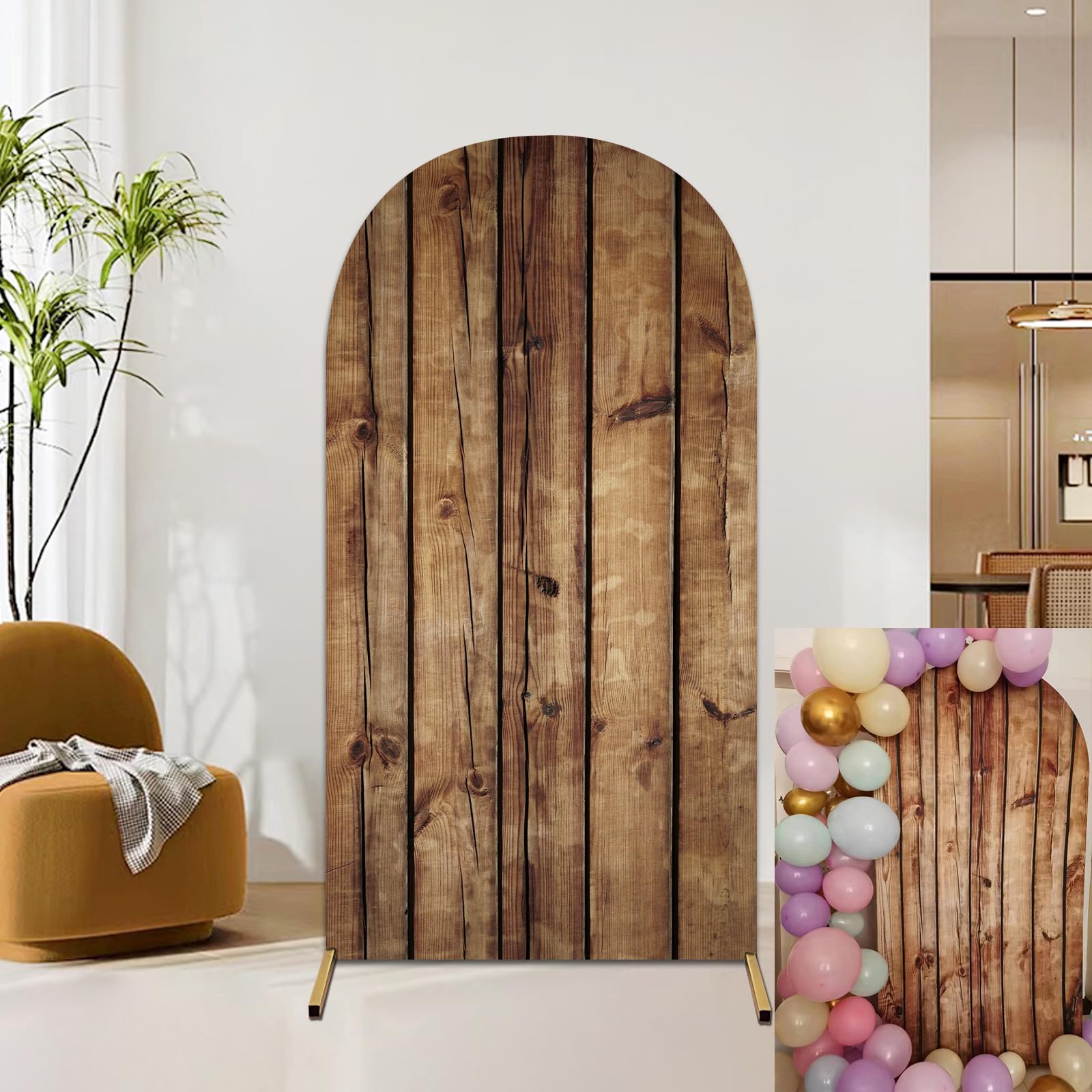 JASREE 7.2FT Rustic Wood Arch Cover Spandex Fitted Wedding Arch Stand Backdrop Covers 2-Sided Round Top Chiara Arch Backdrop Cover for Birthday Party Baby Shower Banquet Decor(4x7.2ft,No Frame)
