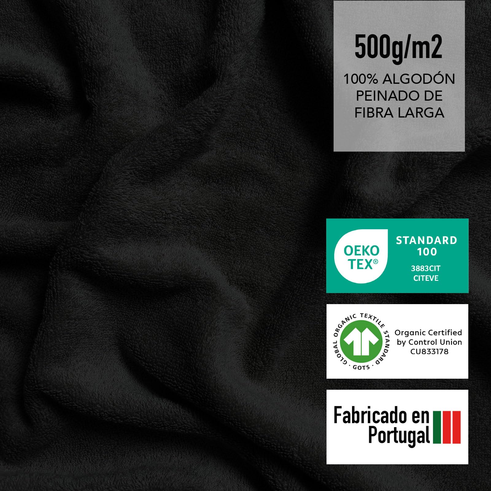 SLEEPZEN - Juego de Toallas de Baño 70x140, Juego de 4 - Negro, en Algodón Orgánico Certificado Gots - 500 g/m² - Ultra absorbentes - Extra Suaves - Fabricadas en Portugal - Certificadas Oeko-Tex
