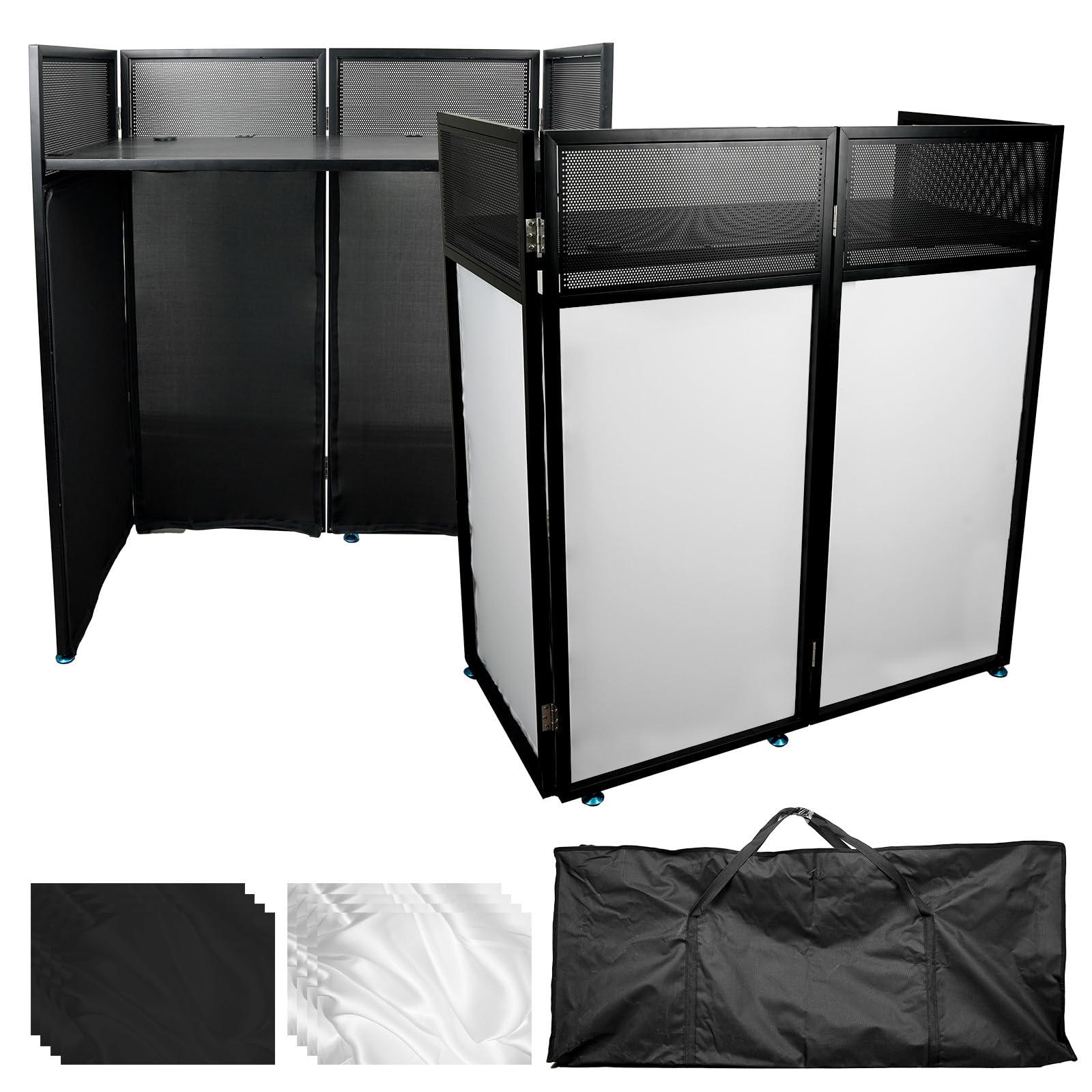 DJ Booth Portatile 112x51x125 cm Pieghevole Telaio Metallico Bianco e Nero con Borsa Trasporto
