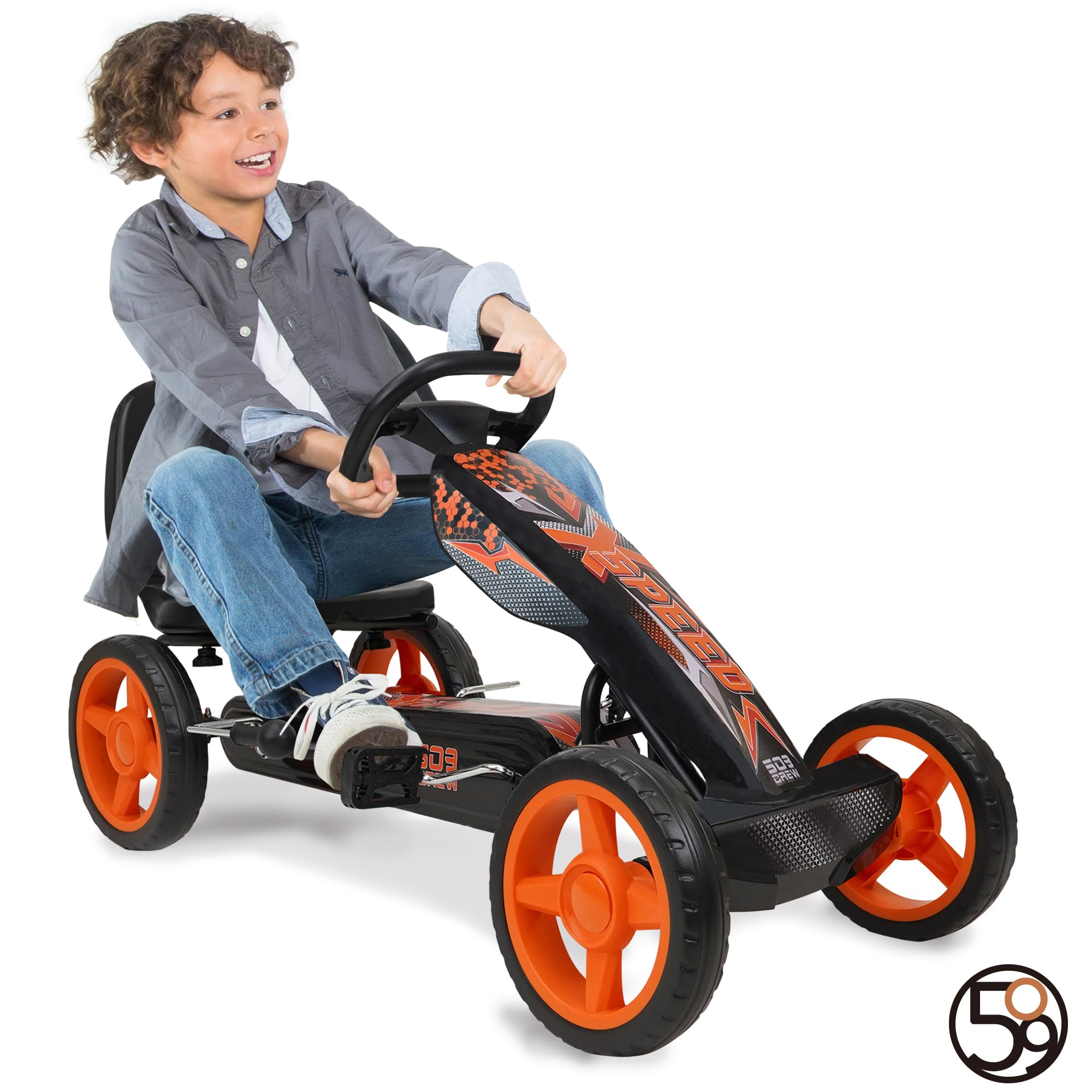 509 Crew XSpeed pedal karts - naranja, scooter, gráficos deportivos delanteros, asiento ajustable, ruedas de 4 radios con diámetro de 25 cm, con freno de mano, a partir de 4 años