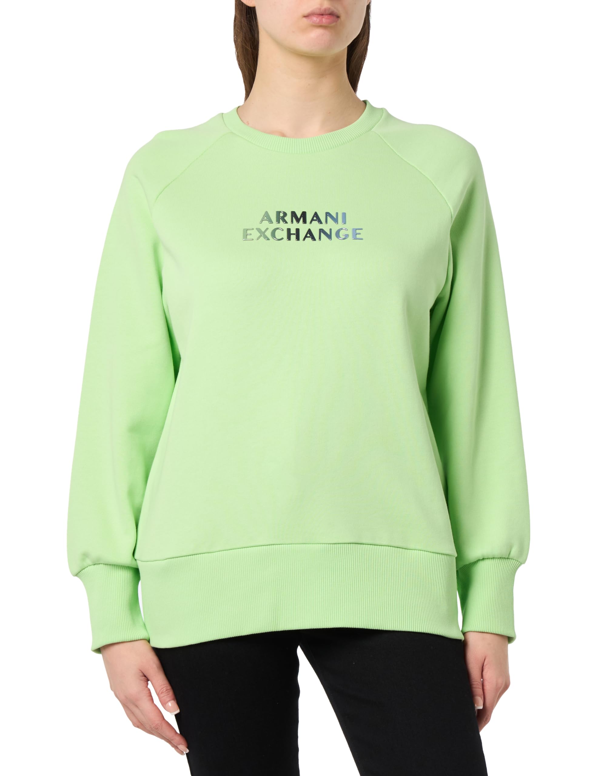 A｜X ARMANI EXCHANGE Women's Metallic Logo Terry Crewneck Pullover Sweatshirt,  Agave, X-Small : Amazon.sg: Fashion