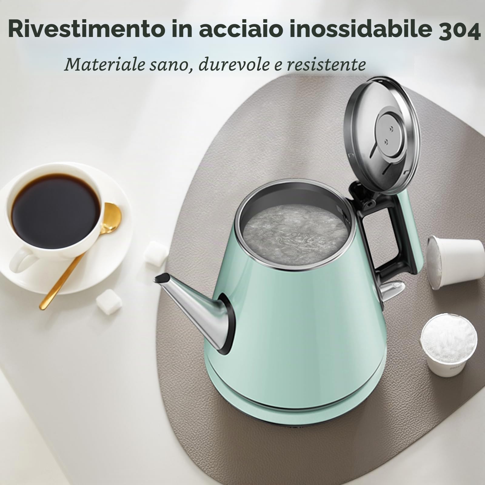 Bollitore con Collo d'Oca 0,9L, 1360W, 304 Acciaio Inox, Verde Pallido