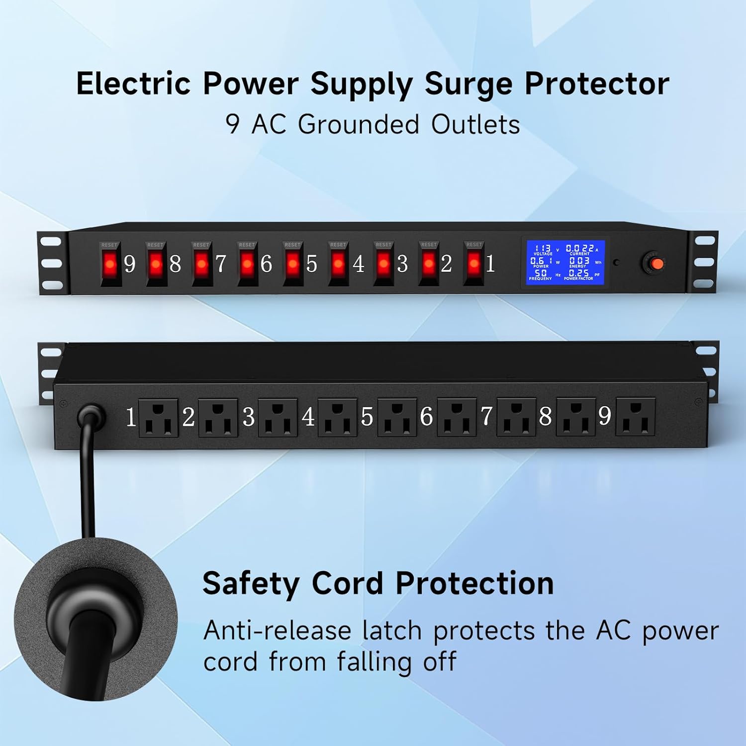 9 Outlet Rack Mount Power Strip with Individual Switches, PDU Surge Protector 15A 125V 1875W, 1U Server Rack Power Distribution Unit with Overload Protection and Power Monitoring, 6.5FT Cord