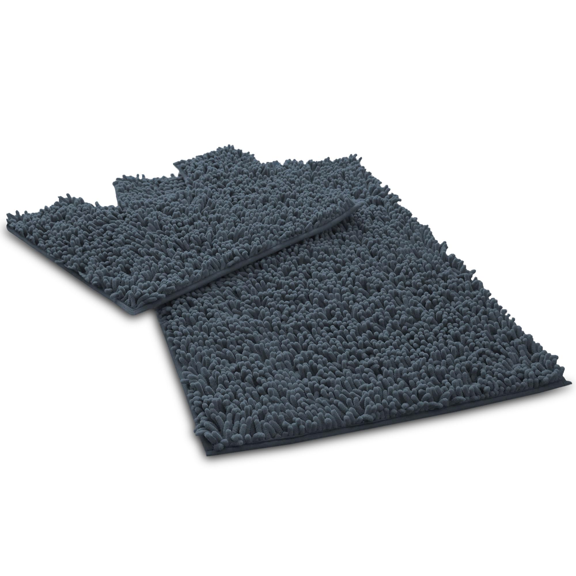 VELVETIO Loop Bath Mat Set For Bathroom, 2 Piece Super Soft Water Absorbent 100% Microfiber Chenille Toilet Rugs, Memory Foam Anti Slip Shower & Bathtub Rug Sets, Dark Grey