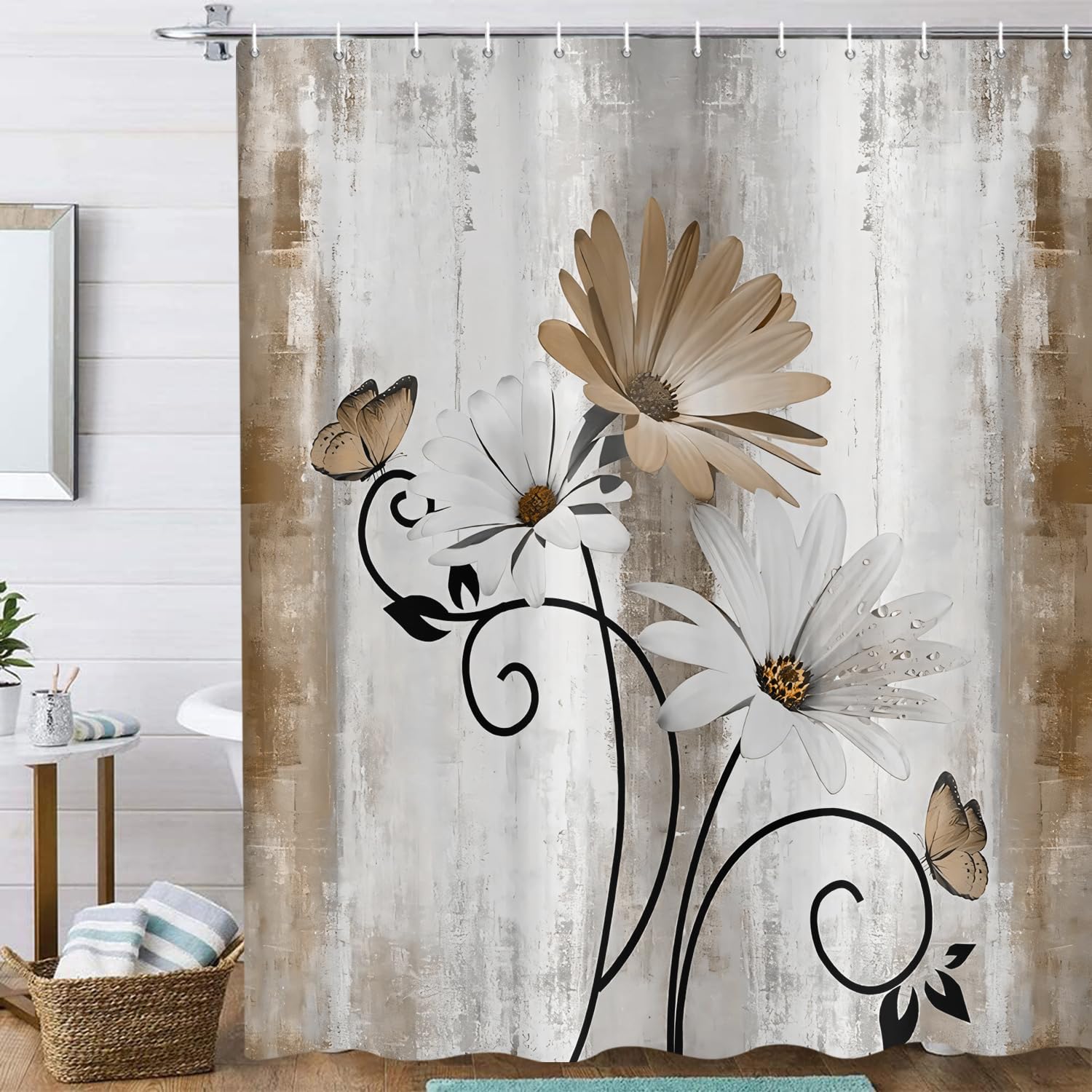 Rideau de douche anti éclaboussures pour baignoire motif papillon vintage