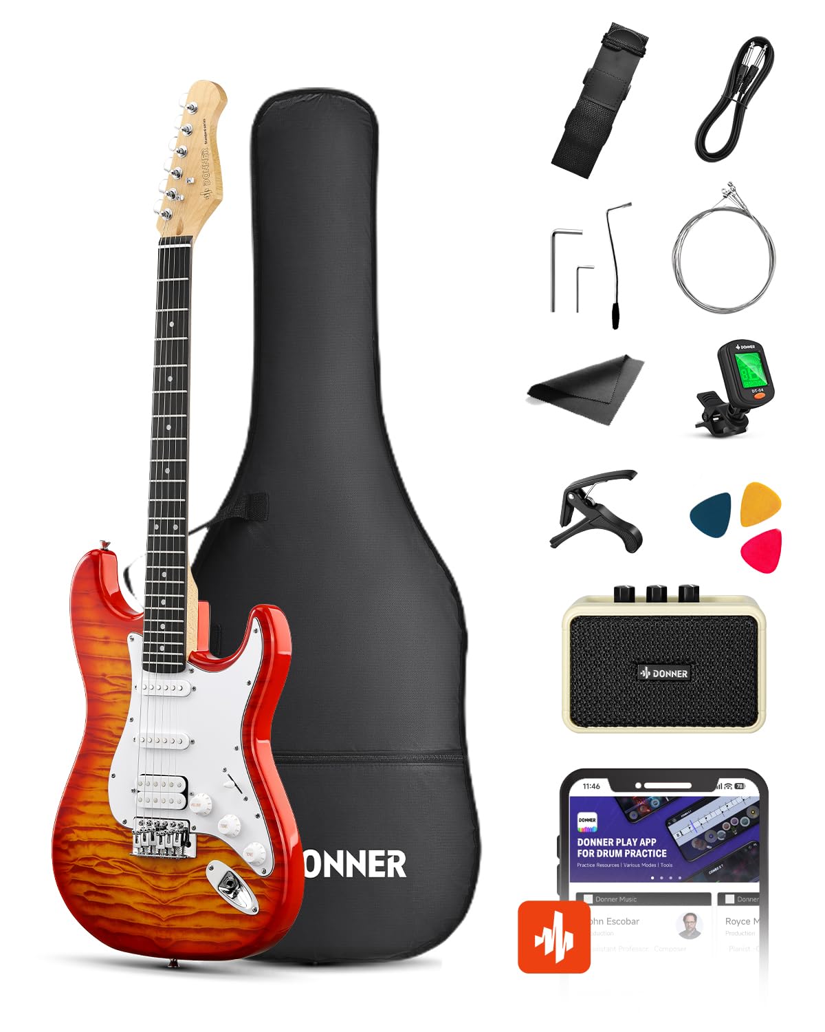 Donner DST-90 Chitarra Elettrica 39 Pollici, Kit Chitarra Elettrica per Principianti con Amplificatore, Pickup HSS, Custodia, Accordatore, Capotasto, Tracolla, Corde, Cavo e Plettri, Icetea Burst