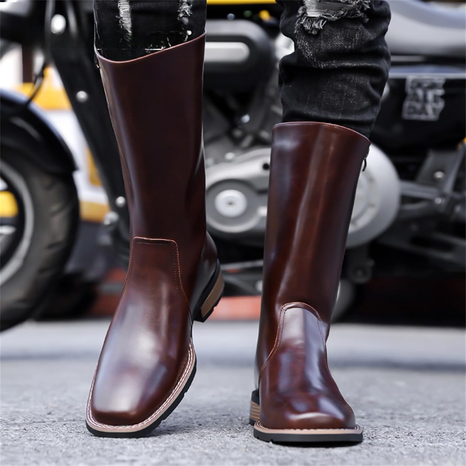 Men's Leather Side Zipper Calf High Motorcycle Boots Block Heel Comfortable Non-Slip Warm Rider Boots For Winter Daily Outdoor Activities Party Riding