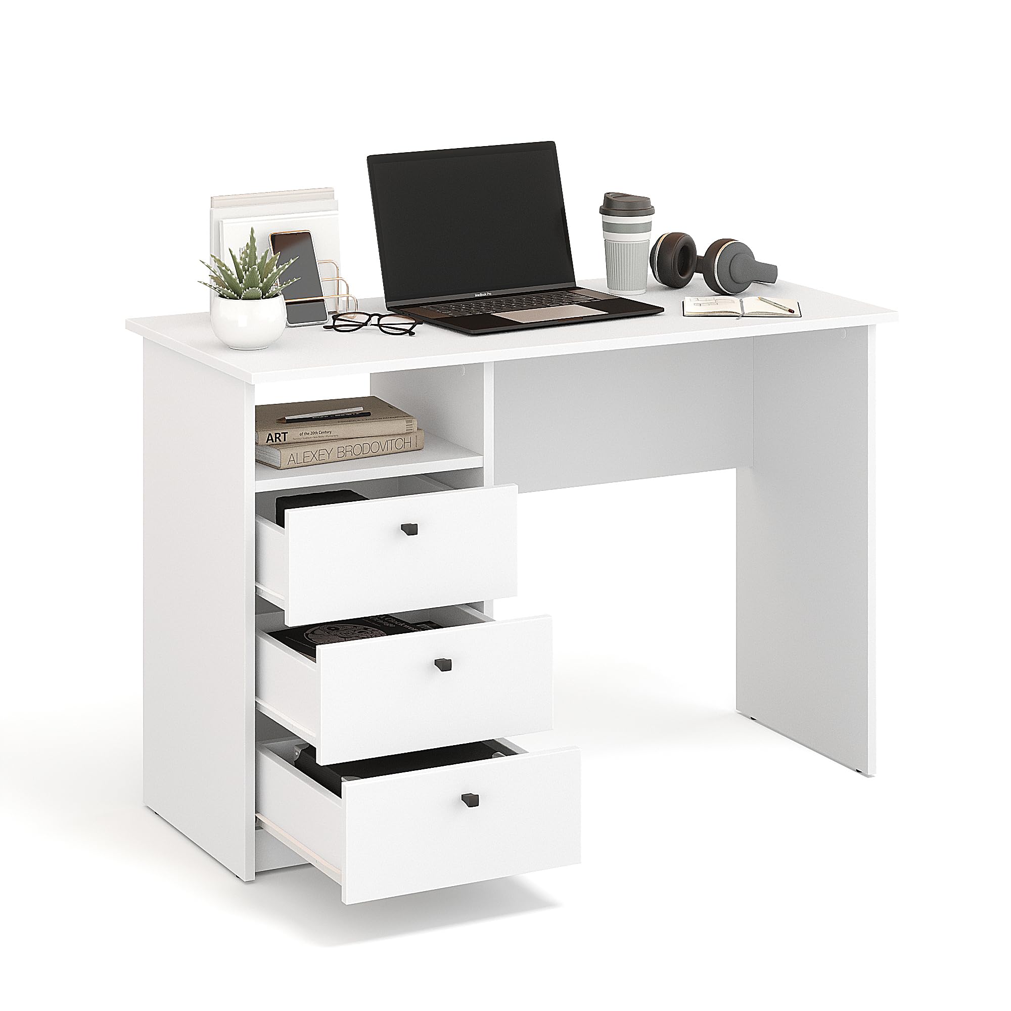 KOMTO Oslo - Scrivania con cassetti, scrivania da ufficio, piccolo tavolo da lavoro, scrivania per bambini, con spazio di archiviazione, colore bianco, 110 x 50 x 74 cm