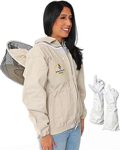Chaqueta de apicultura con velo redondo y guantes, chaqueta de abeja de lona natural con cremalleras de latón YKK duraderas para apicultores