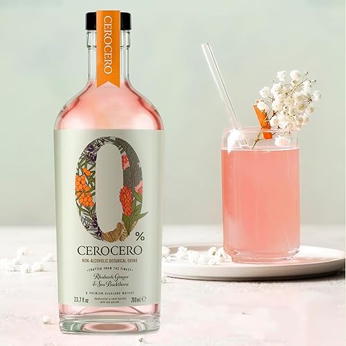 Miniatura 2 de CeroCero - Ginebra sin alcohol de ruibarbo, jengibre y espino cerval de mar, licores sin alcohol prémium crujientes y refrescantes - Halal, bajo en