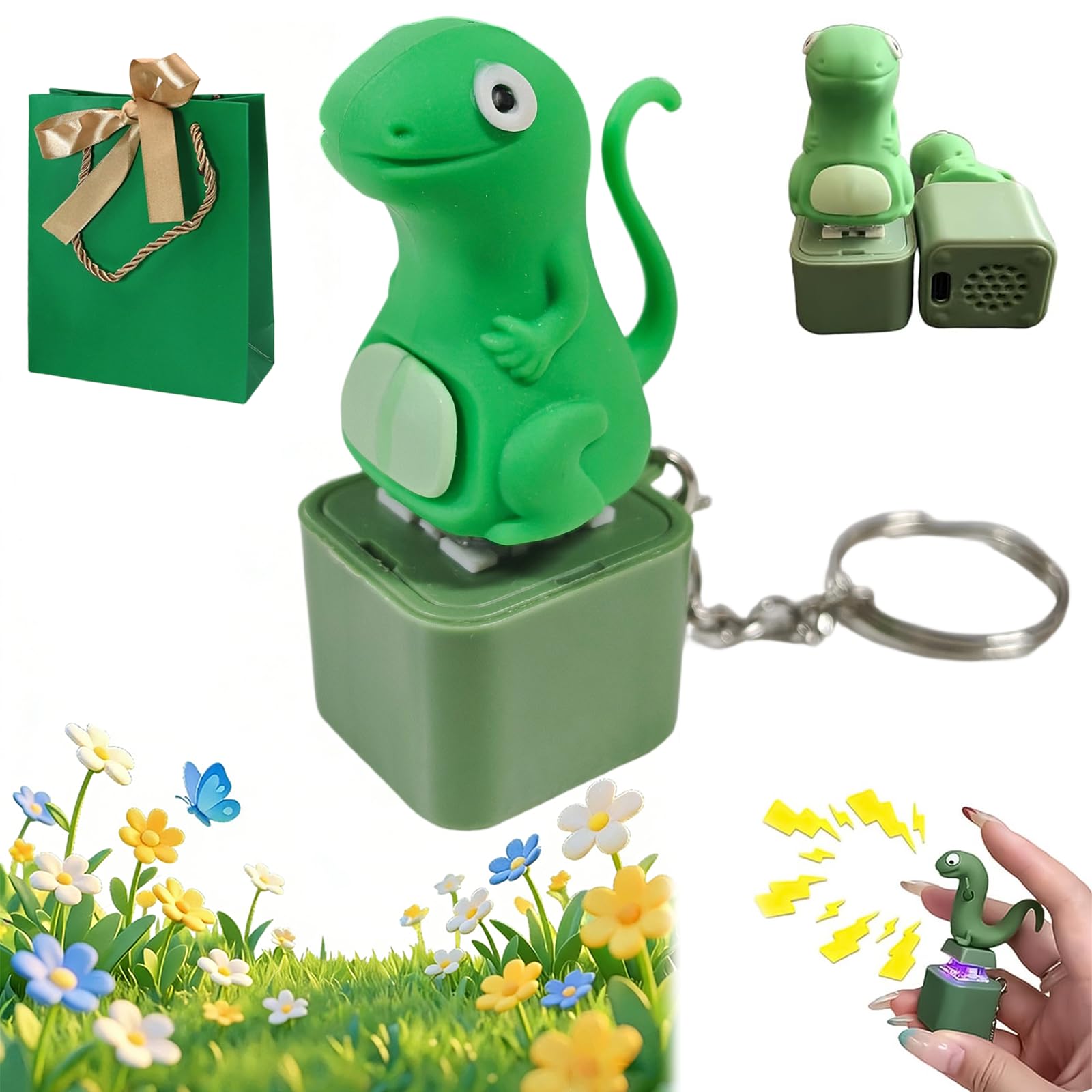 Gienslru 1Pc Lizard Keychain Sound, Lizard Button, Rechargeable Lizards Anxiety Relief Keychain Button Toy, Lizards Push & Click Keychains, Funny Rechargeable Colourful Lights (1Pc)