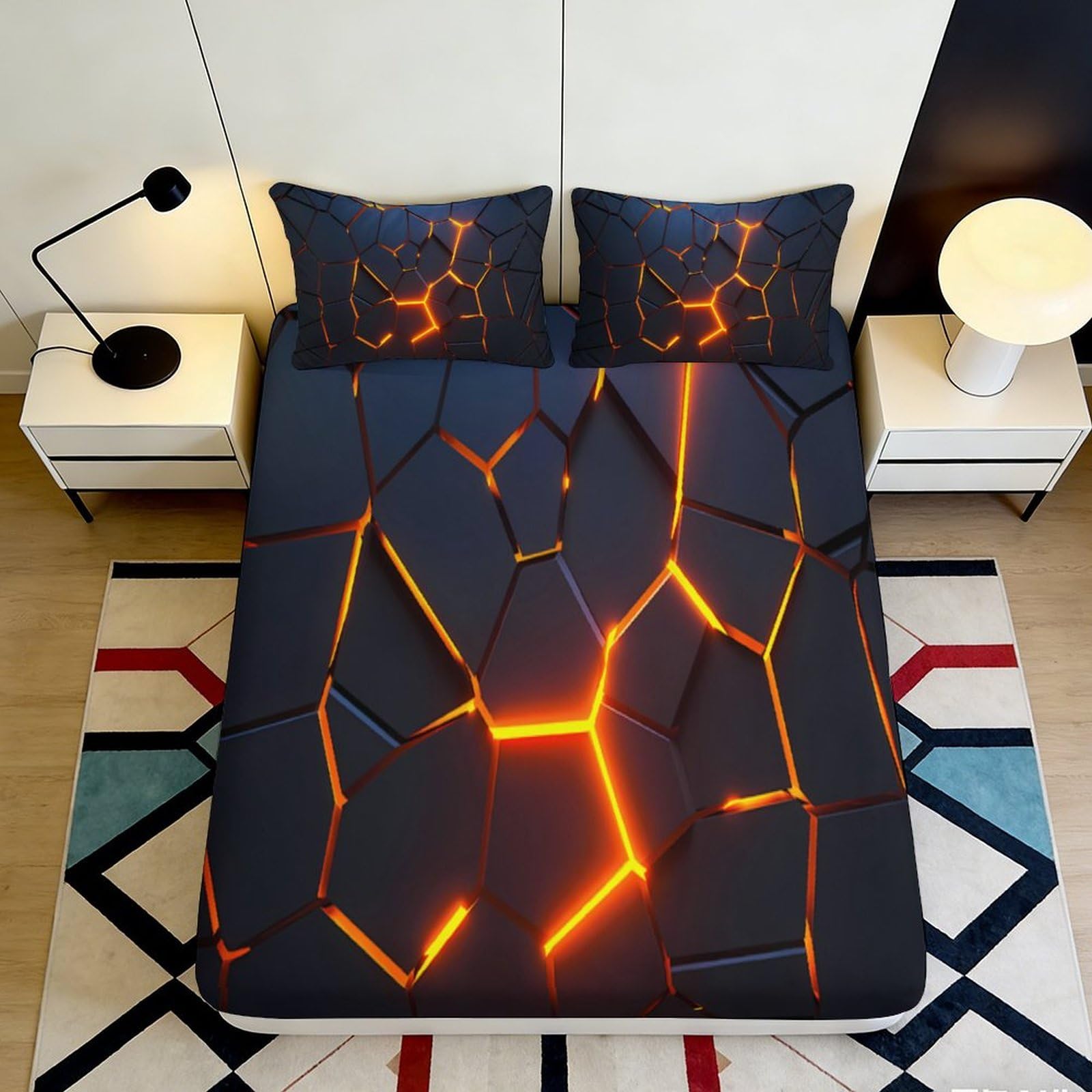 3D Printed Lava Cracked Fitted Sheet Microfiber Soft Volcano Glow Bed Cover for Bedroom Guest Room Decoration 90x200x25cm