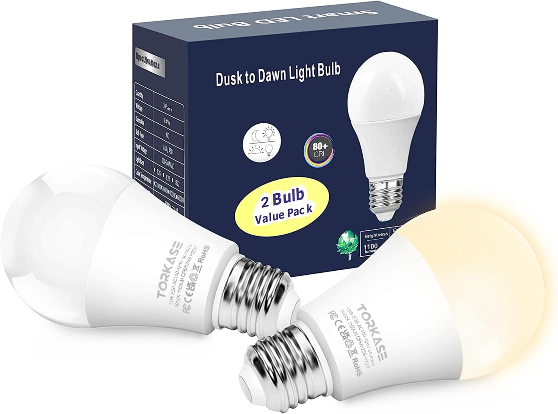 Torkase Outdoor Dusk to Dawn Light Bulbs, No Timer Required, 13W(100W Equivalent), 3000K Warm White, E26 A19 Automatic Sensor LED Bulb, Built-in Photocell Detector for Boundary Garage Patio, 2 Pack