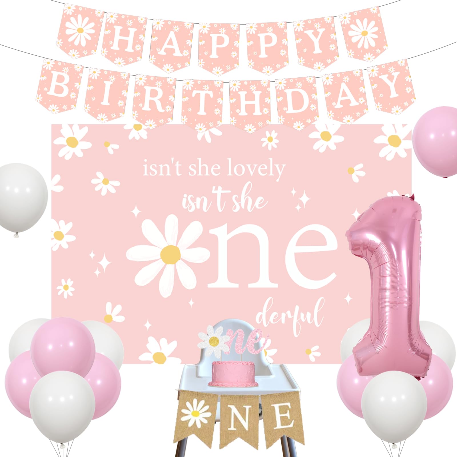 Daisy 1st Birthday Decorations for Girl, Pink and White Balloons Number 1 Foil Balloon, Isn't She Lovely Isn't She Onederful Backdrop, Happy Birthday