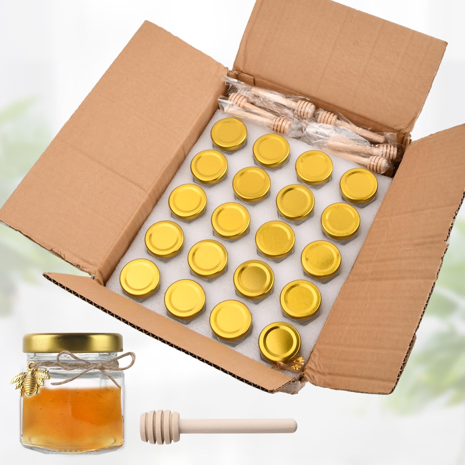 20 Vasetti Miele In Vetro Esagonali - 45ml Con Coperchio Dorato, Mestolo Legno, Accessori - Foto 8