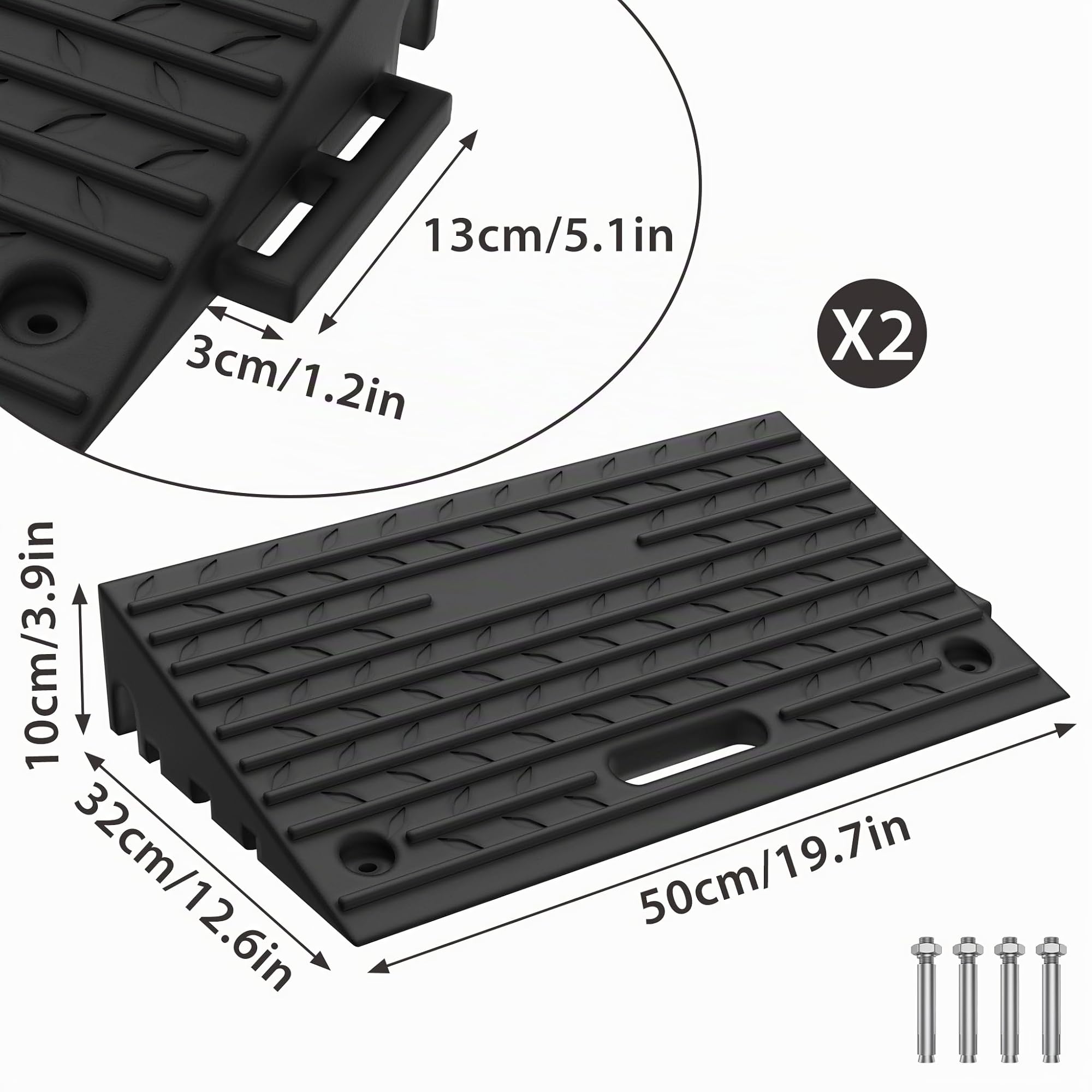 UISEBRT Lot de 2 rampes de trottoir en caoutchouc pour bordures, allées, garages, rampes de seuil de porte robustes, avec fonction portable, antidérapantes et résistantes aux intempéries, noir, 53 x