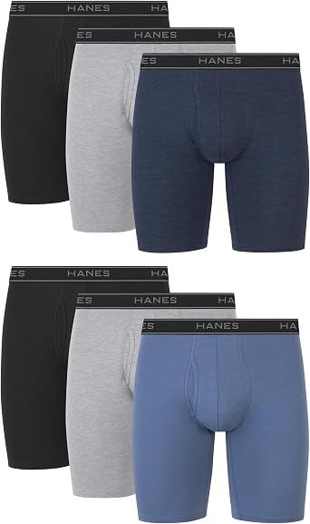 Hanes Mens Long Leg Boxer Brief Underwear Pack, Cotton Stretch, Assorted, 6-Pack