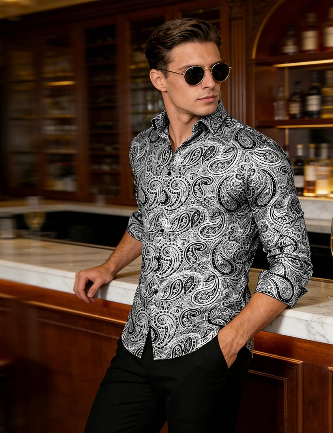 DiBanGu Mens Paisley Dress Shirt Luxury Printed Long Sleeve Button Down Shirts Regular Fit Shiny Shirts for Wedding Prom