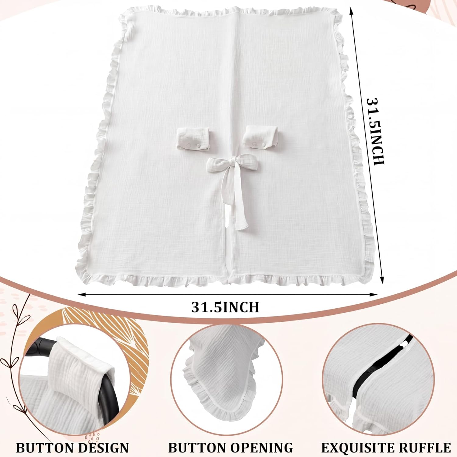 Tegeme 100% Cotton Baby Carseat Canopy Cover with Bow Car Seat Cover 32 x 44 Inches Soft Breathable Canopy for Girls Boys Stroller and Cart Carseat Nursing Covers for Newborn(Cream White)