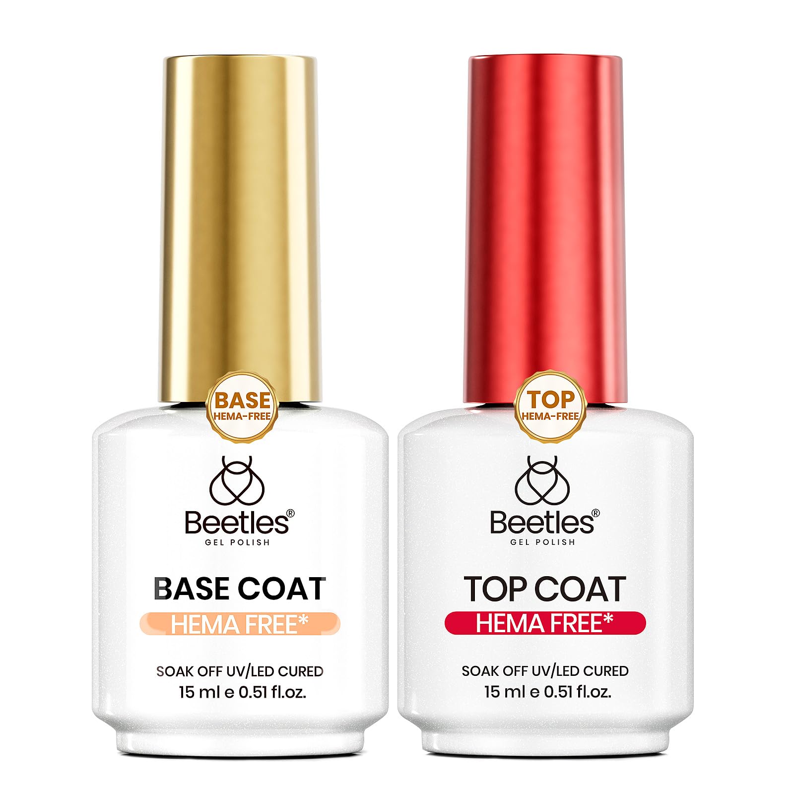 Beetles 15ml Gel Base and Top Coat Set HEMA Free, Top Coat Gel Nail Polish & Base Clear Glossy Long Lasting No Wipe Soak Off Upgraded Safe Low-Sensitivity Formula, No More Damaged Nail Gifts for Women