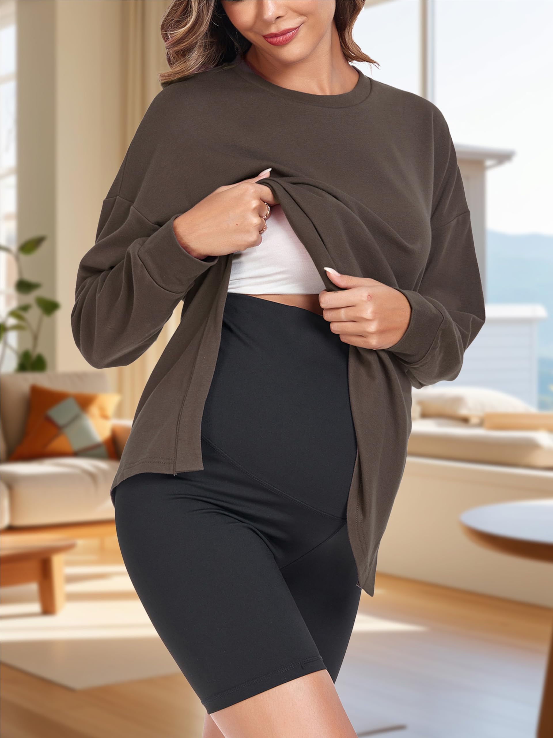 Haut de maternité à manches longues pour femme - Coupe ample - T-shirt de maternité fendu sur le côté - Haut d'allaitement
