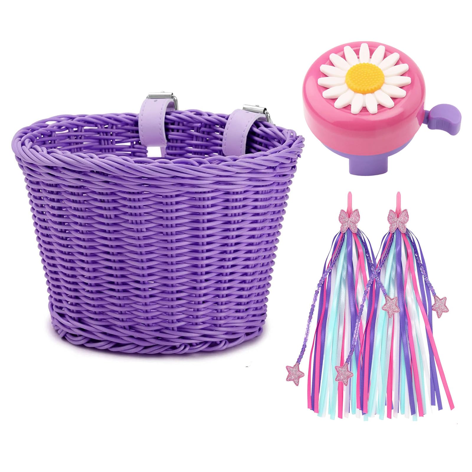 TIKBRO Kids Bike Basket Handwoven Scooter Basket for Girls and Boys with Bike Accessories - Handlebar Streamers and Bell
