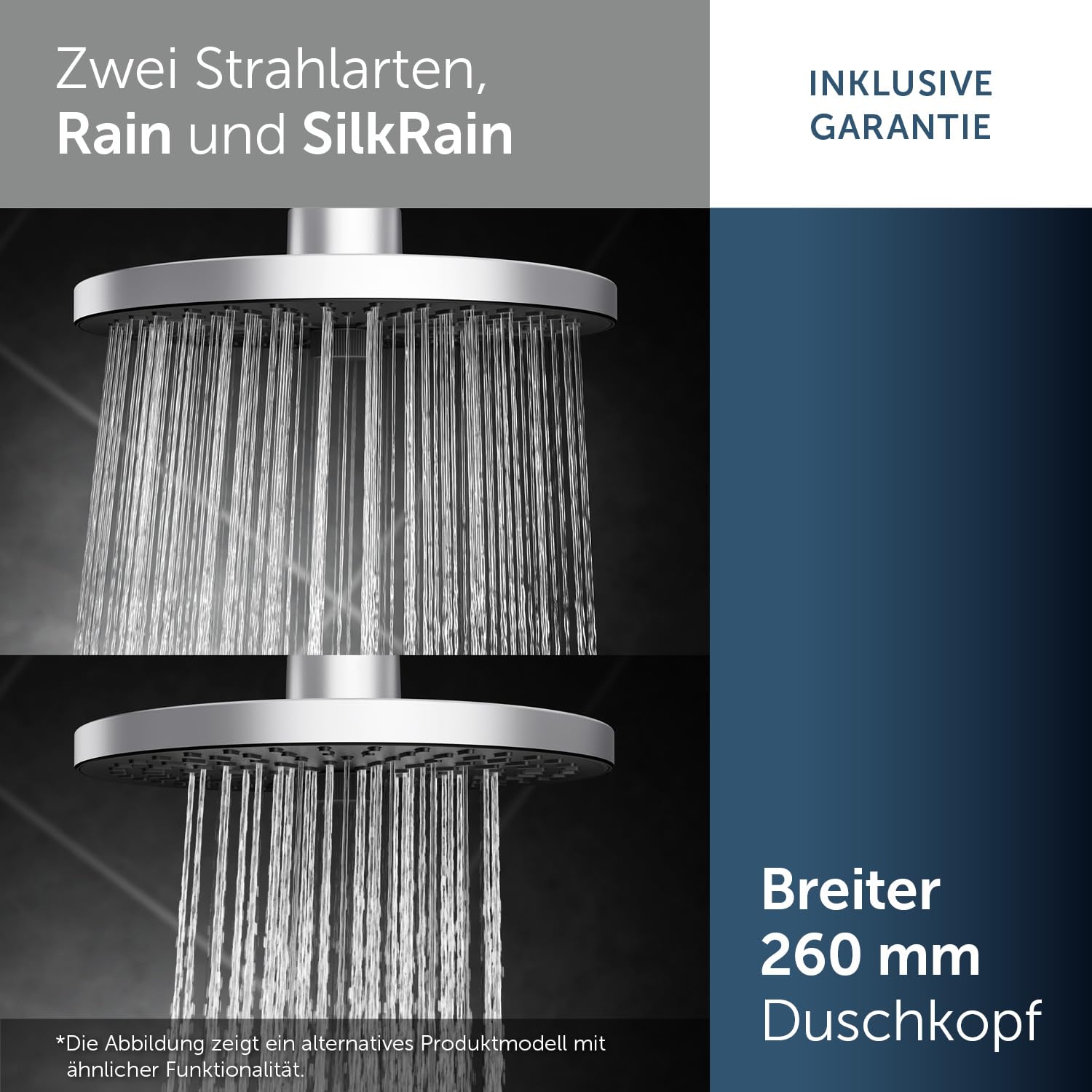 Ideal Standard Idealrain Alu+ 2-Funktionskopfbrause, mit zwei Strahlarten (SilkRain und Rain) per Drehumschaltung, wassersparende Regenbrause mit EasyClean-Düsen – Chrom (260x91x260 mm)