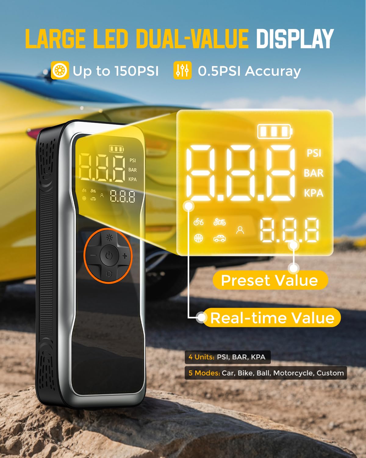 Compressore d'aria portatile, 16000 mAh, 150 psi, per pneumatici auto, con ampio display a LED, 12 CC, con luce LED, power bank, spegnimento automatico, per palloni per auto, moto, biciclette
