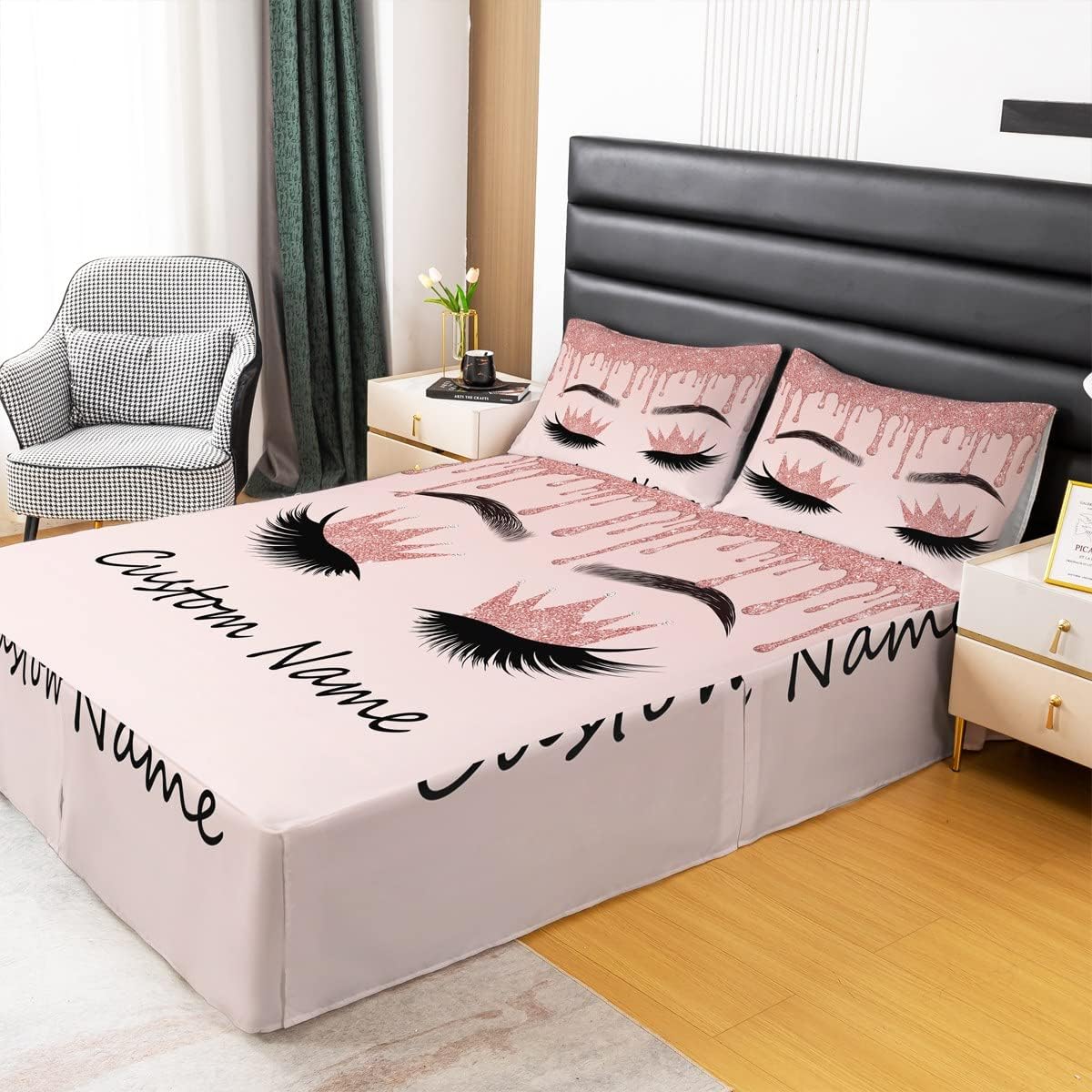 Customize Eyelash Bed Skirt 3 Pcs for Girls Women, Luxury Rose Gold Glitter Sparkle Eyelashes Makeup Girly Bed Skirts, Pink Bedroom Decor Bedding Set for Women Teens Girl Bedskirt,2 Pillowcases,King