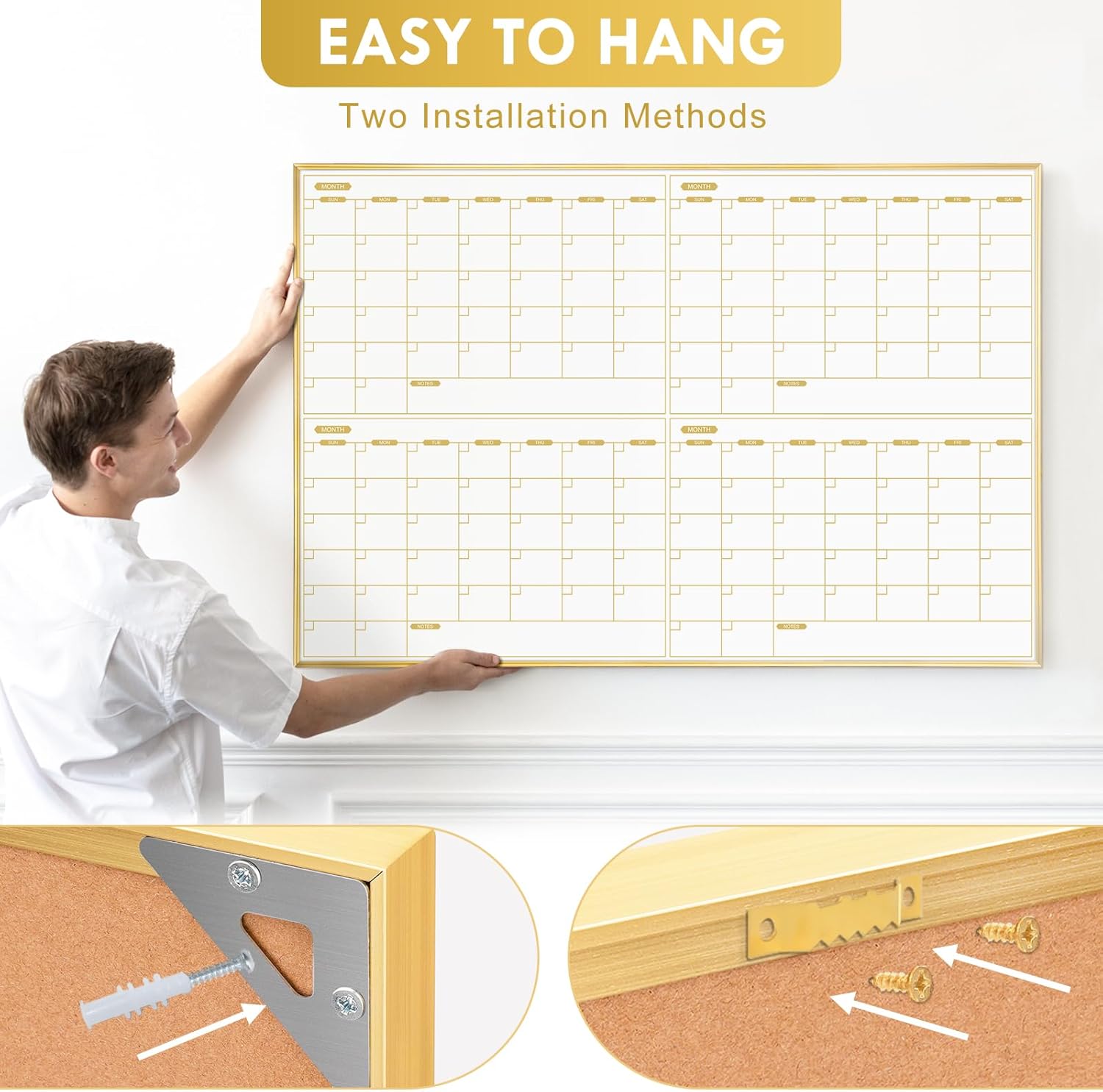 ARCOBIS Magnetic Calendar Whiteboard 36" x 24", 4 Months Dry Erase Calendar for Wall, Gold Frame White Board for Office, Home, School