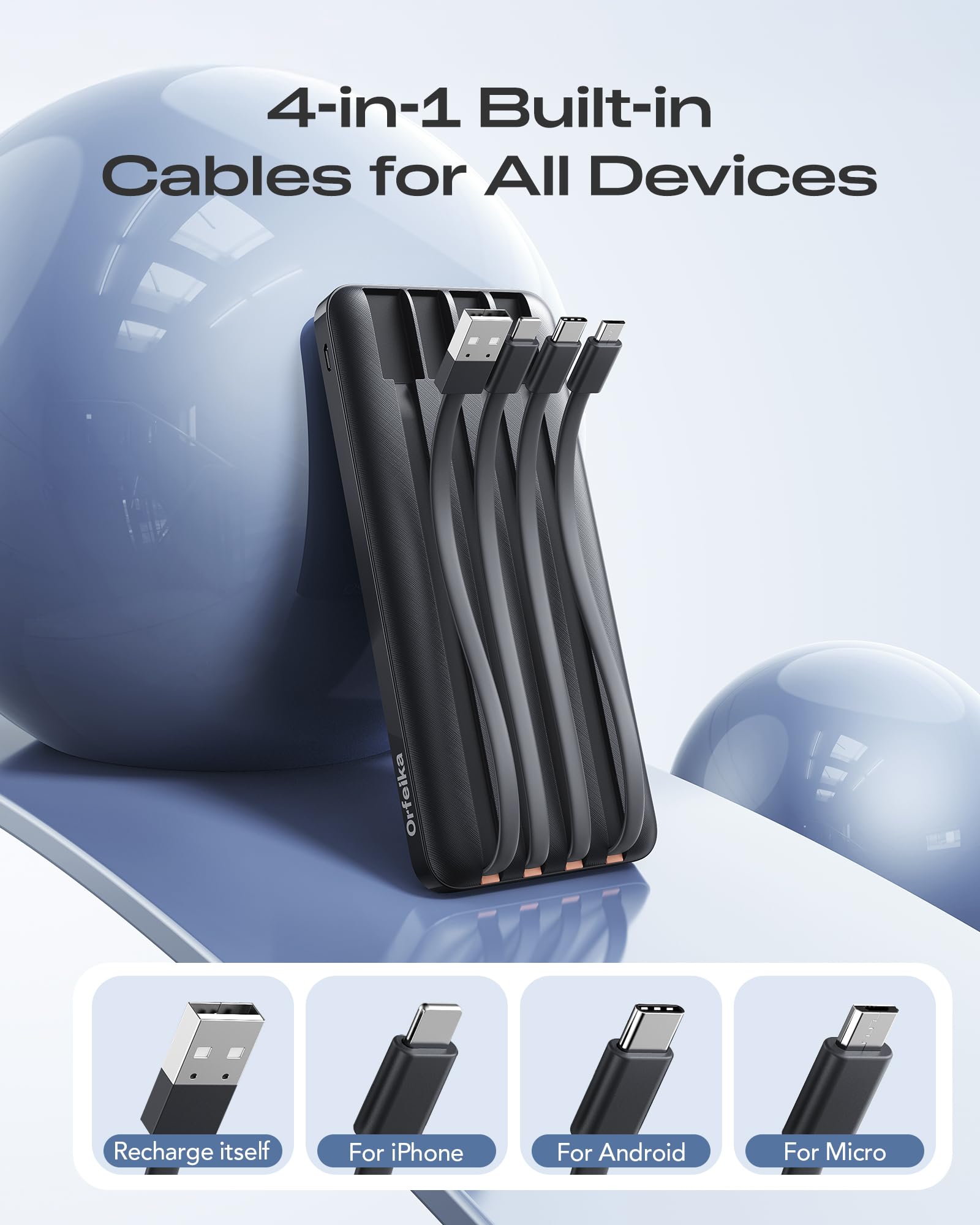 Orfeika 20000mAh Power Bank Schnellladung, tragbares Ladegerät mit 4 integrierten Kabeln & 6 Ausgängen, 20W PD USB C Akku Pack kompatibel mit iPhone 16/15, Galaxy, Android, iPad & mehr (Travel