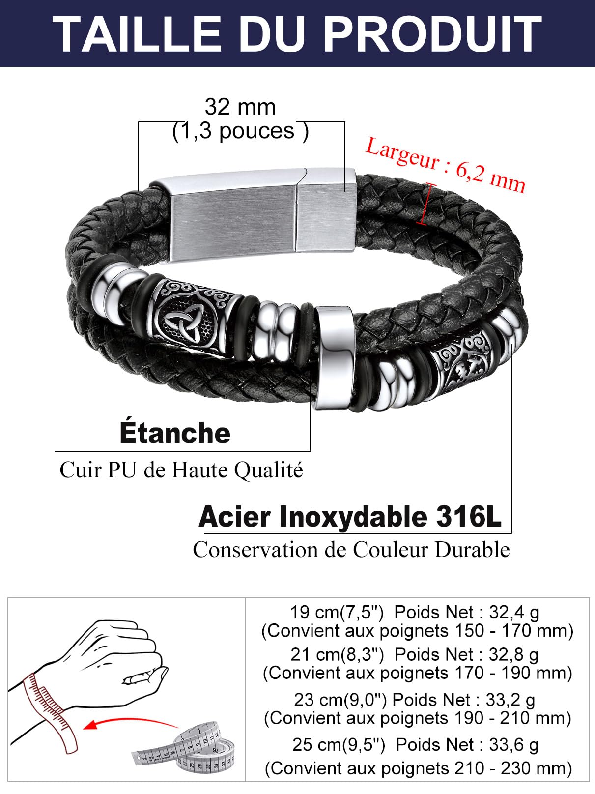 Bandmax Longueur de 19/21/23/25 cm, Bracelet Cuir Homme avec Fermoir Magnétique - Bracelet PU Tressé avec Manchette Double Couche - Pour Papa Fils Petit-ami - Cadeaux Fête des Pères