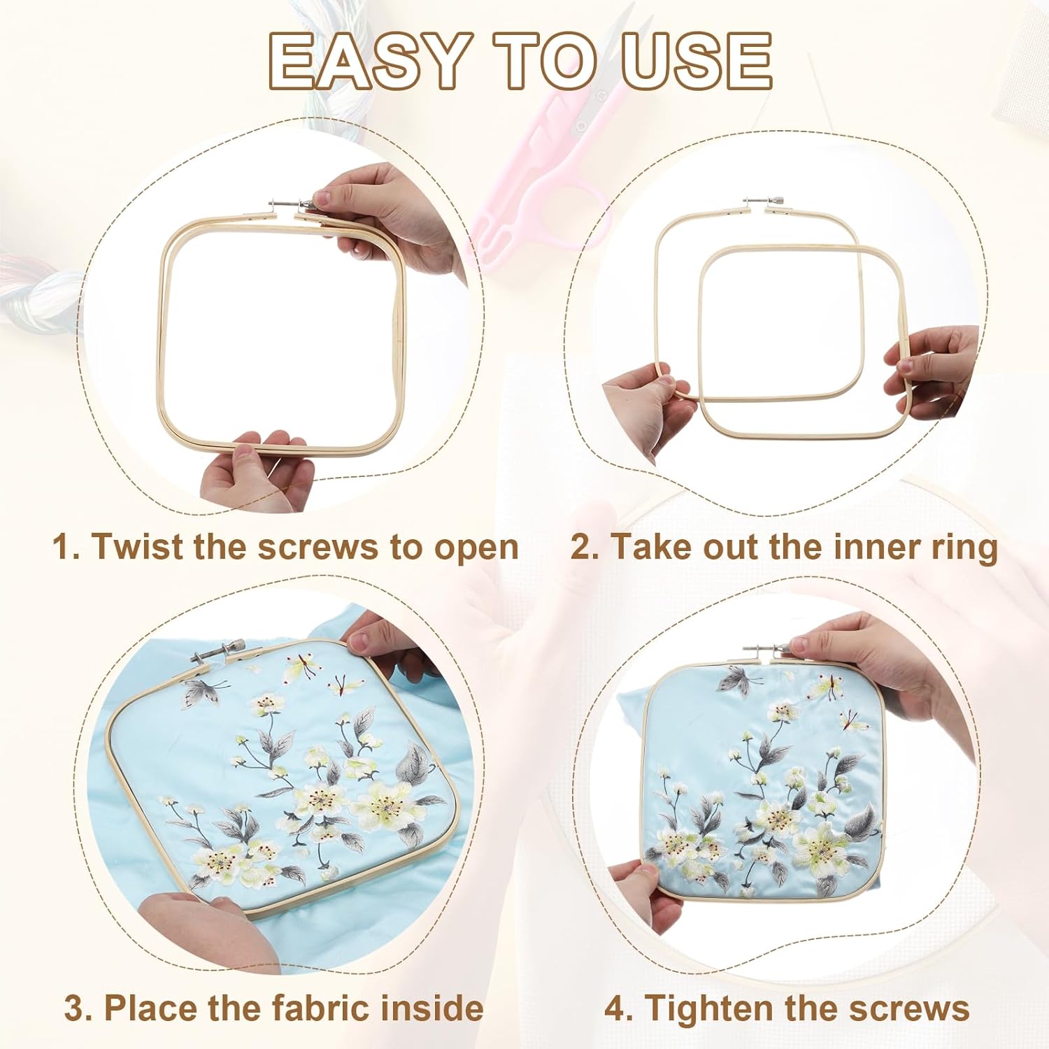 PATIKIL 6 Pieces 7.9" x 7.9" Square Embroidery Hoops, Adjustable Bamboo Cross Stitch Hoops Ring Embroidery Frame Punch Needle Hoop for Sewing, Needlework, DIY