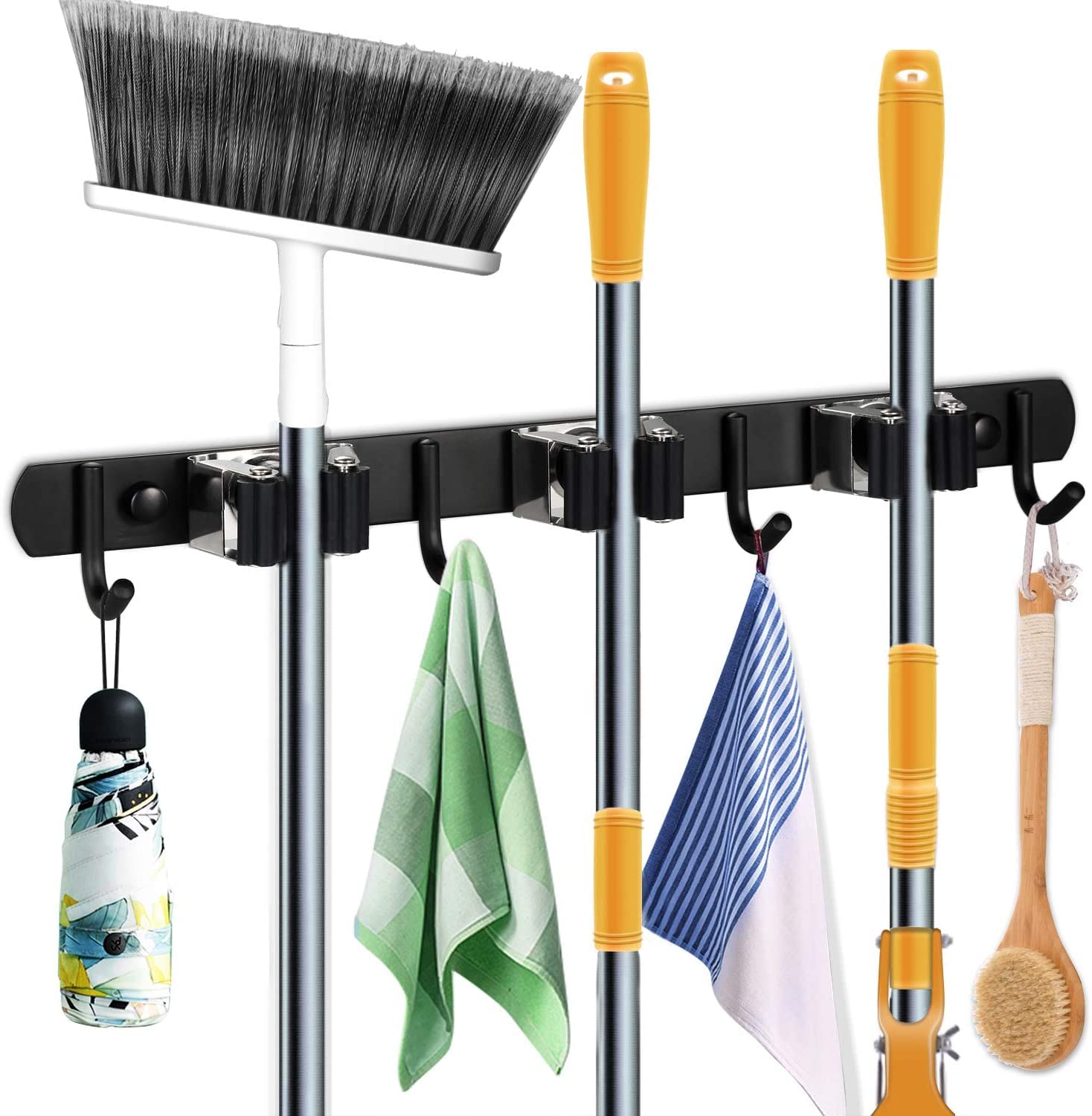 Zollyss Broom Holder Wall Mount, Broom Holder, Heavy Duty Stainless Steel Broom and Mop Holder Wall Mounted with 3 Racks 4 Hooks for Bathroom Kitchen Office (Black) (B0B3JD8PTN) Amazon Price History, Amazon Price Tracker