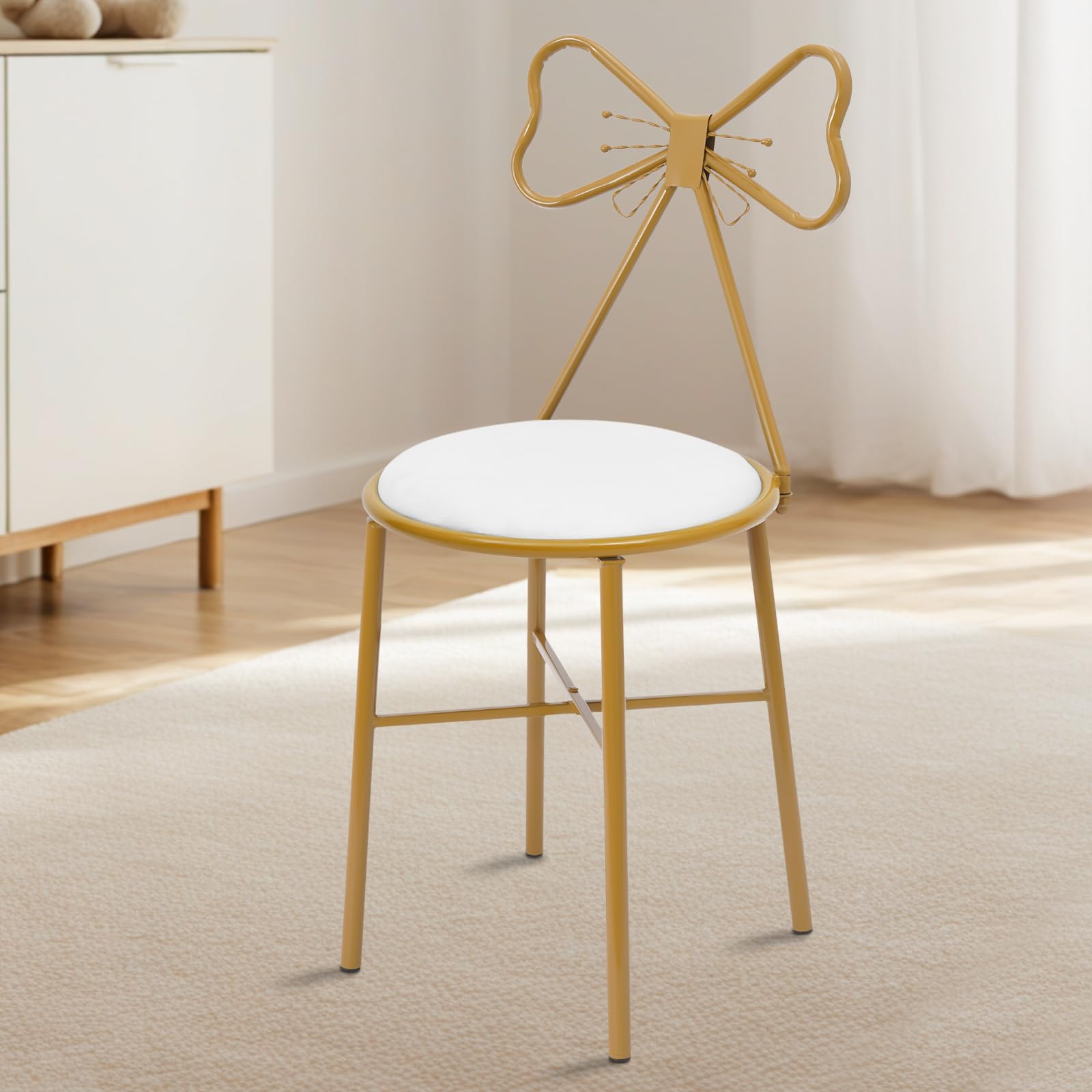 White Modern Vanity Chair, Cute Shaped Armless Stool with Velvet Cushion, Makeup Chair with Butterfly Backrest, Vanity Stool Golden Leg for Living Room, Bedroom, Office