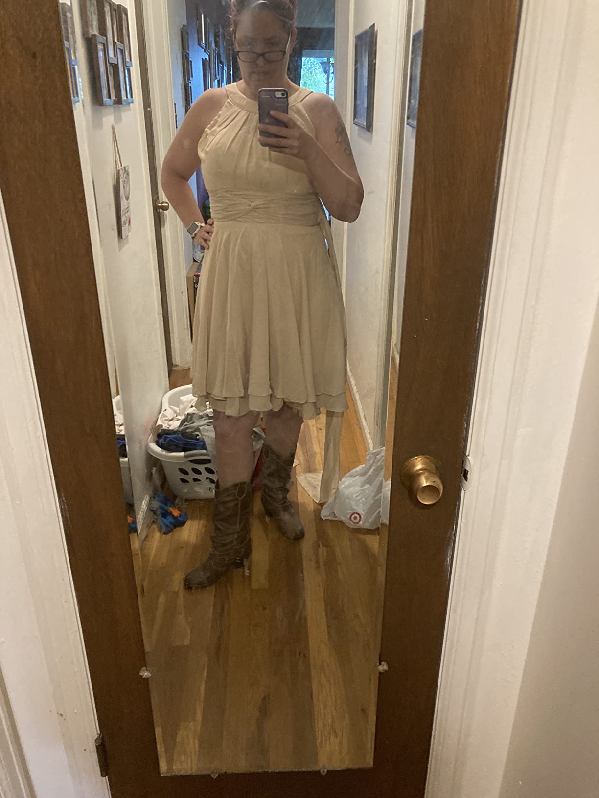 Tan Brown Tiered Women Knee Length Dress